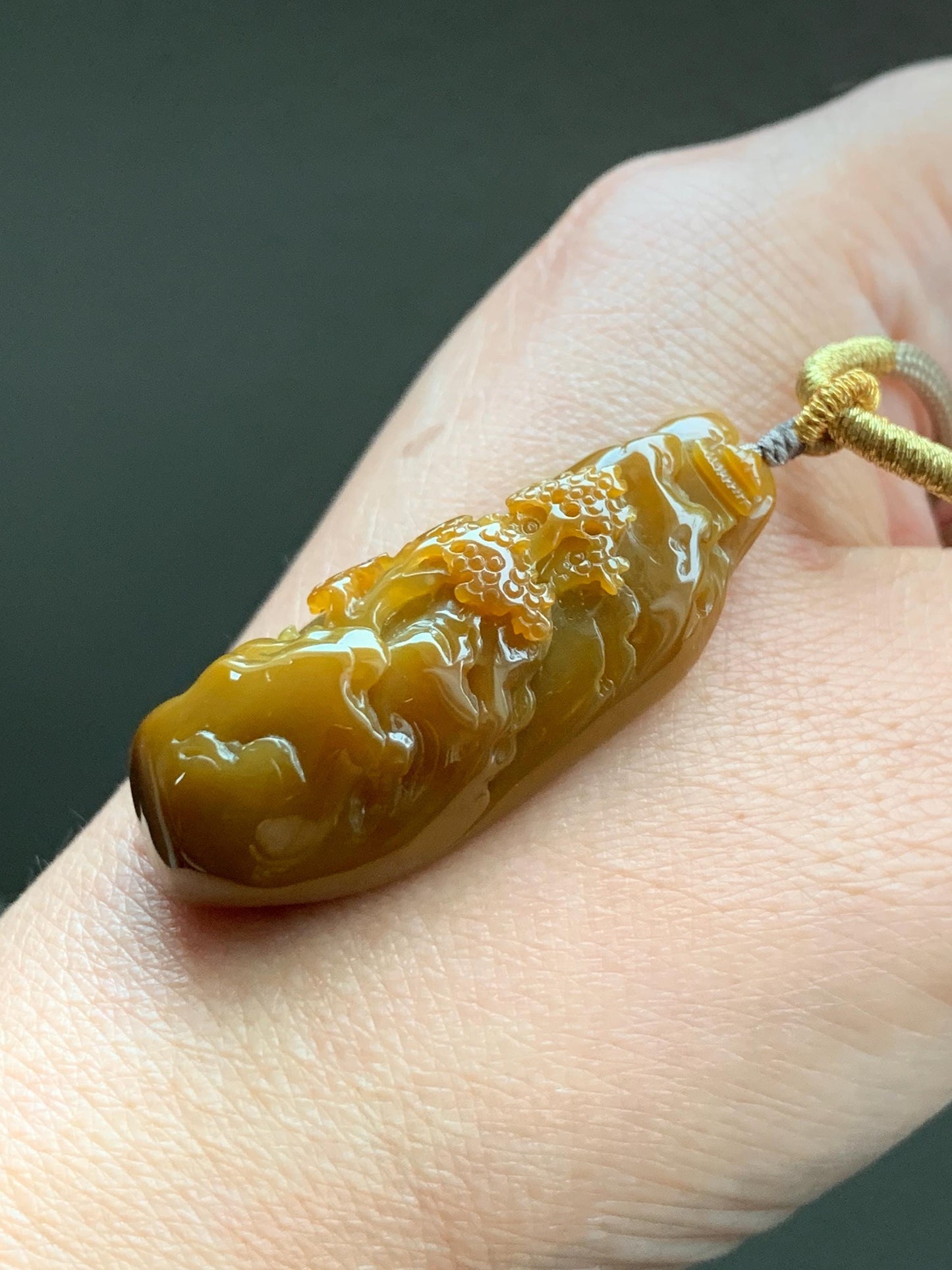 Certified Natural Guatemalan Icy Translucent Intense Rich Yellow Jadeite Shan Shui Landscape Pendant Rope Necklace 32” 天然冰危鸡油黄翡翠山水牌吊坠 6917