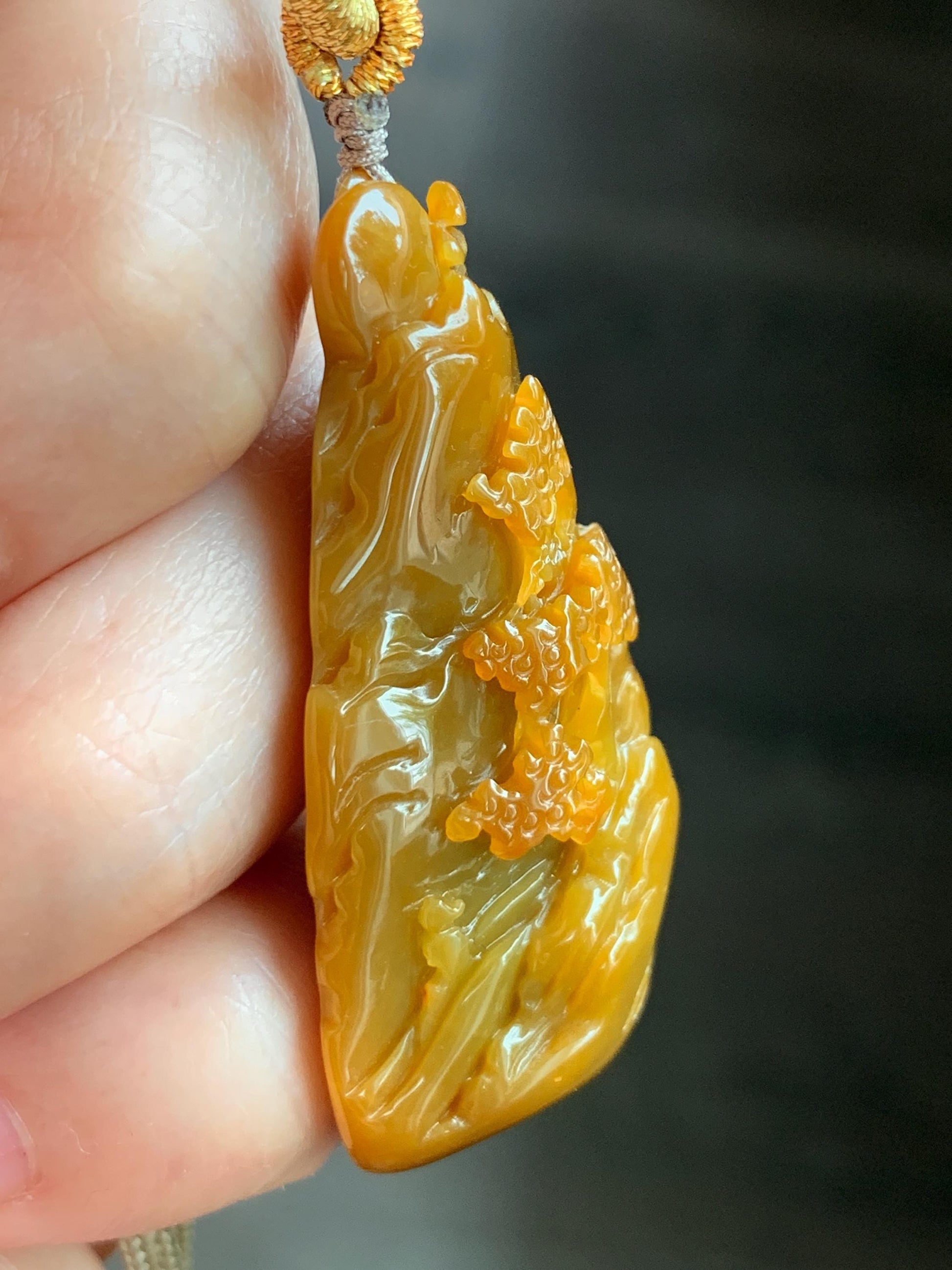 Certified Natural Guatemalan Icy Translucent Intense Rich Yellow Jadeite Shan Shui Landscape Pendant Rope Necklace 32” 天然冰危鸡油黄翡翠山水牌吊坠 6917