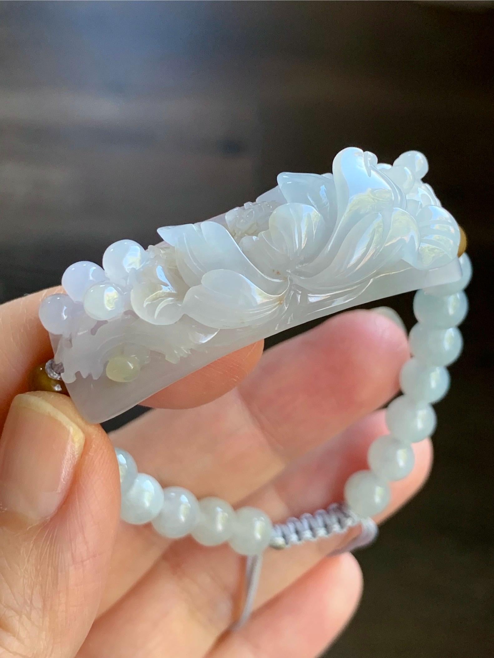 Certified Natural Burmese Icy Translucent Light Purple Golden Brown Marbled Jadeite Lotus Flower Cuff Beaded Bracelet 24g 天然缅甸冰淡紫底撒金翡翠莲花手牌手串