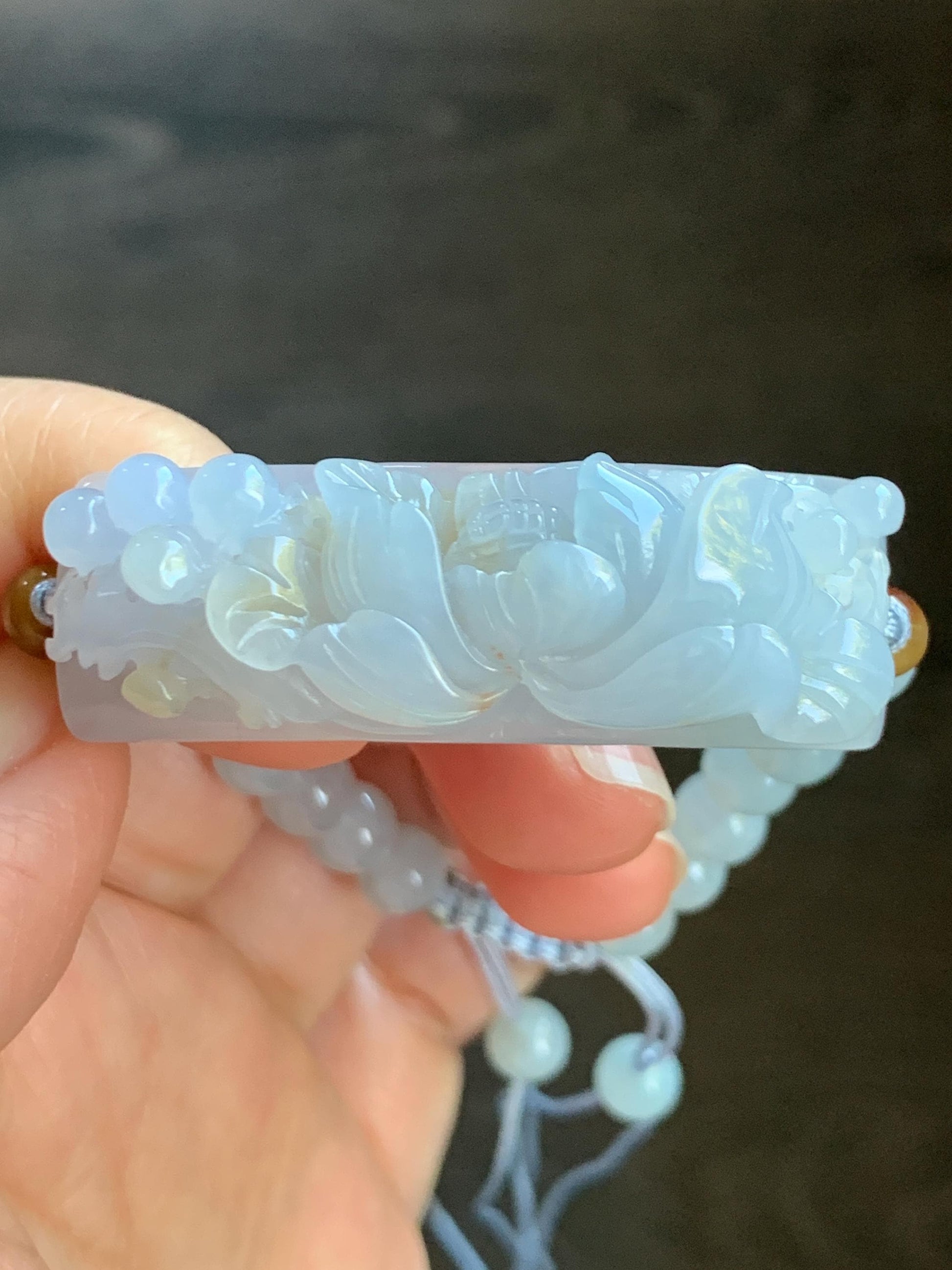 Certified Natural Burmese Icy Translucent Light Purple Golden Brown Marbled Jadeite Lotus Flower Cuff Beaded Bracelet 24g 天然缅甸冰淡紫底撒金翡翠莲花手牌手串