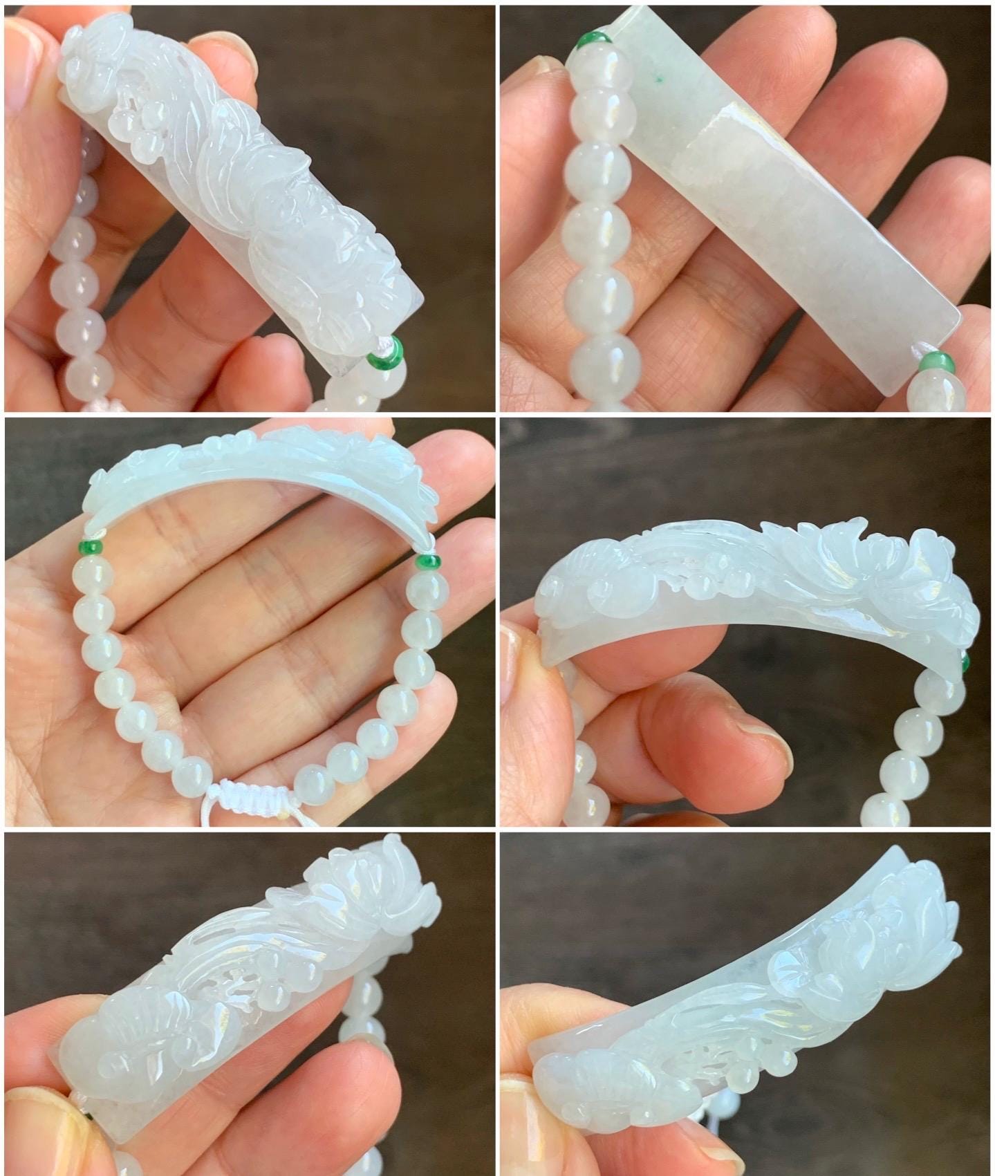 Certified Natural Burmese Icy Translucent White Jadeite Carved Lotus Flower Ruyi Cuff Beaded Bracelet Adjustable 6.75” 24g 天然缅白冰翡翠莲花如意手牌手串