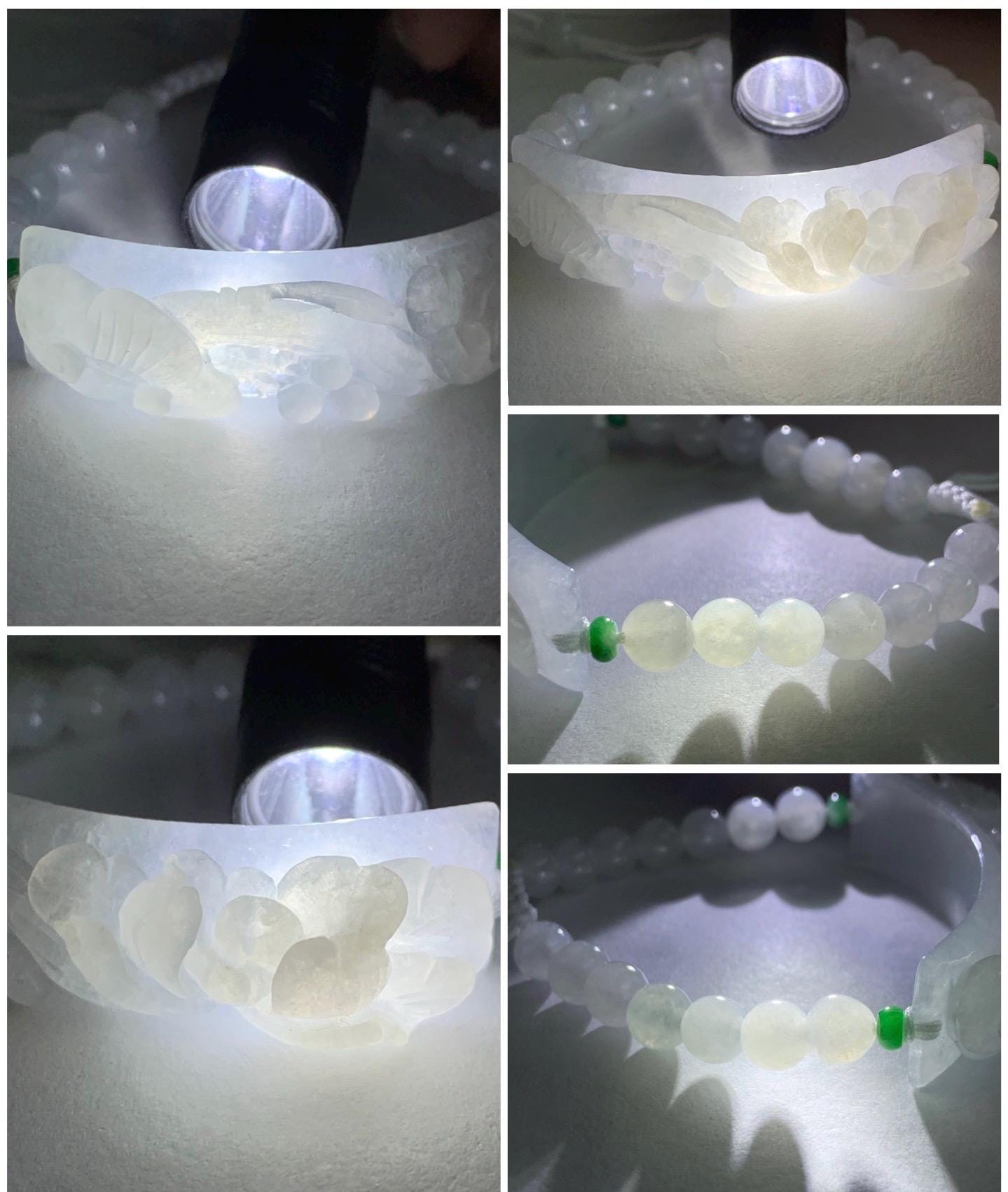 Certified Natural Burmese Icy Translucent White Jadeite Carved Lotus Flower Ruyi Cuff Beaded Bracelet Adjustable 6.75” 24g 天然缅白冰翡翠莲花如意手牌手串