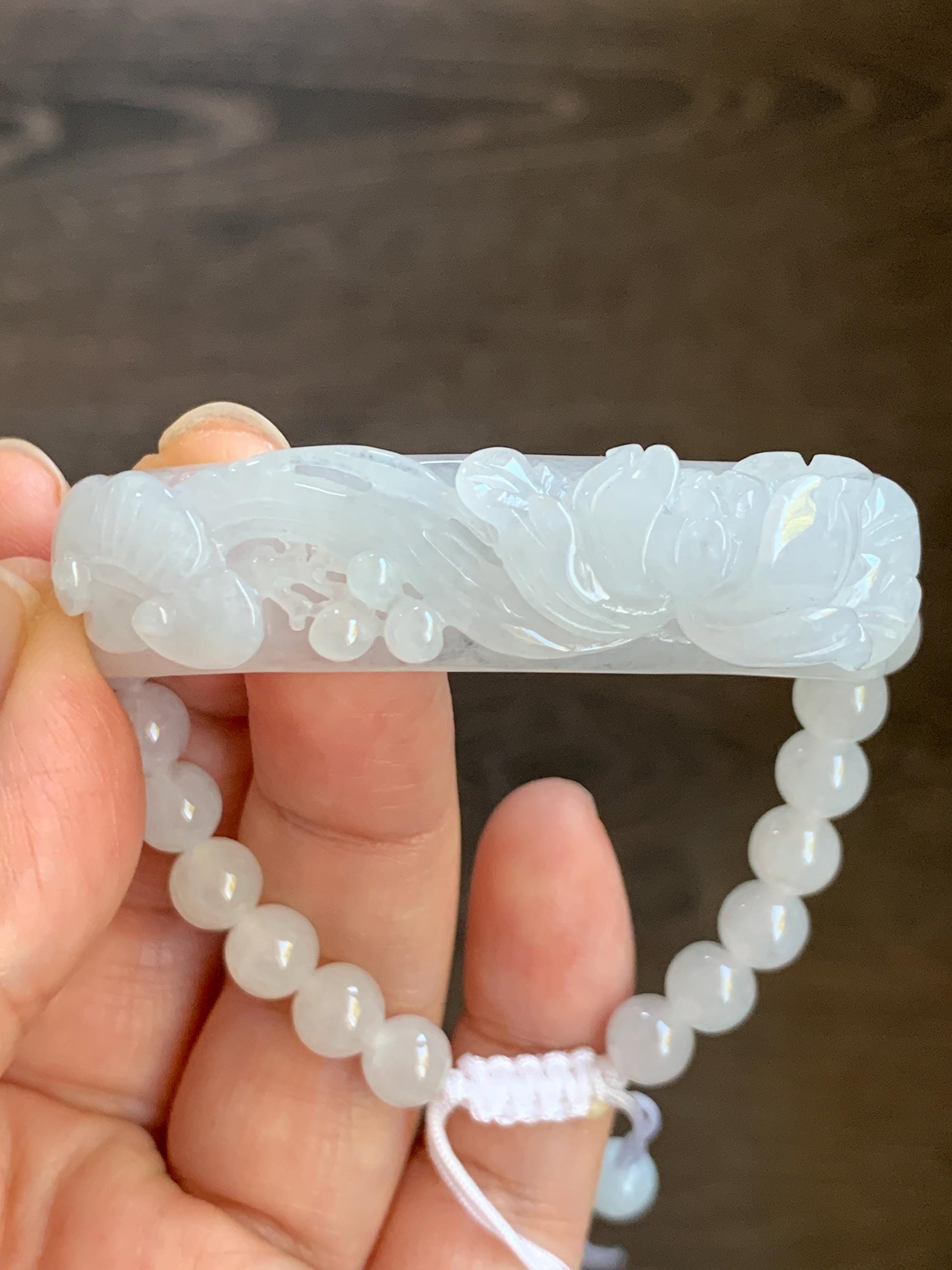 Certified Natural Burmese Icy Translucent White Jadeite Carved Lotus Flower Ruyi Cuff Beaded Bracelet Adjustable 6.75” 24g 天然缅白冰翡翠莲花如意手牌手串
