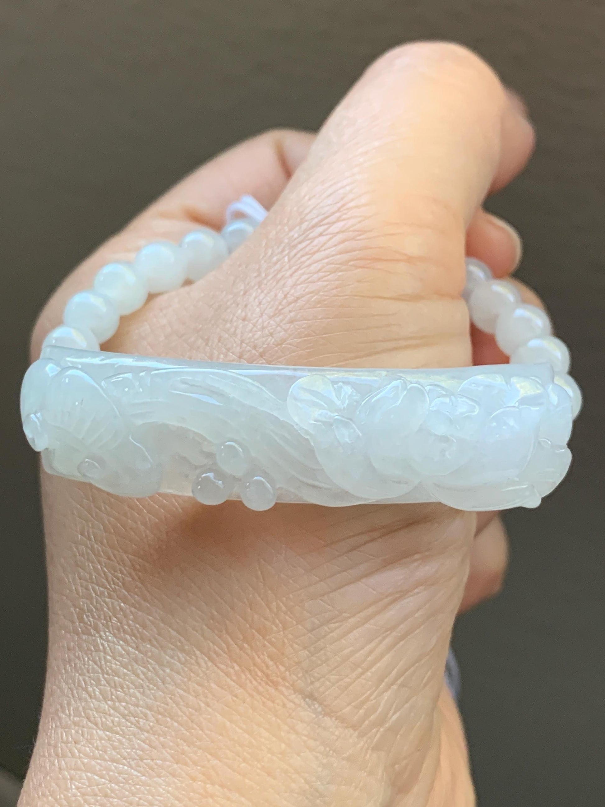 Certified Natural Burmese Icy Translucent White Jadeite Carved Lotus Flower Ruyi Cuff Beaded Bracelet Adjustable 6.75” 24g 天然缅白冰翡翠莲花如意手牌手串