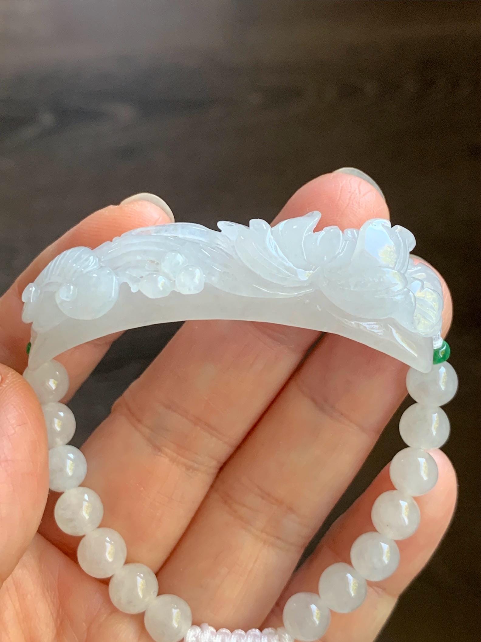 Certified Natural Burmese Icy Translucent White Jadeite Carved Lotus Flower Ruyi Cuff Beaded Bracelet Adjustable 6.75” 24g 天然缅白冰翡翠莲花如意手牌手串