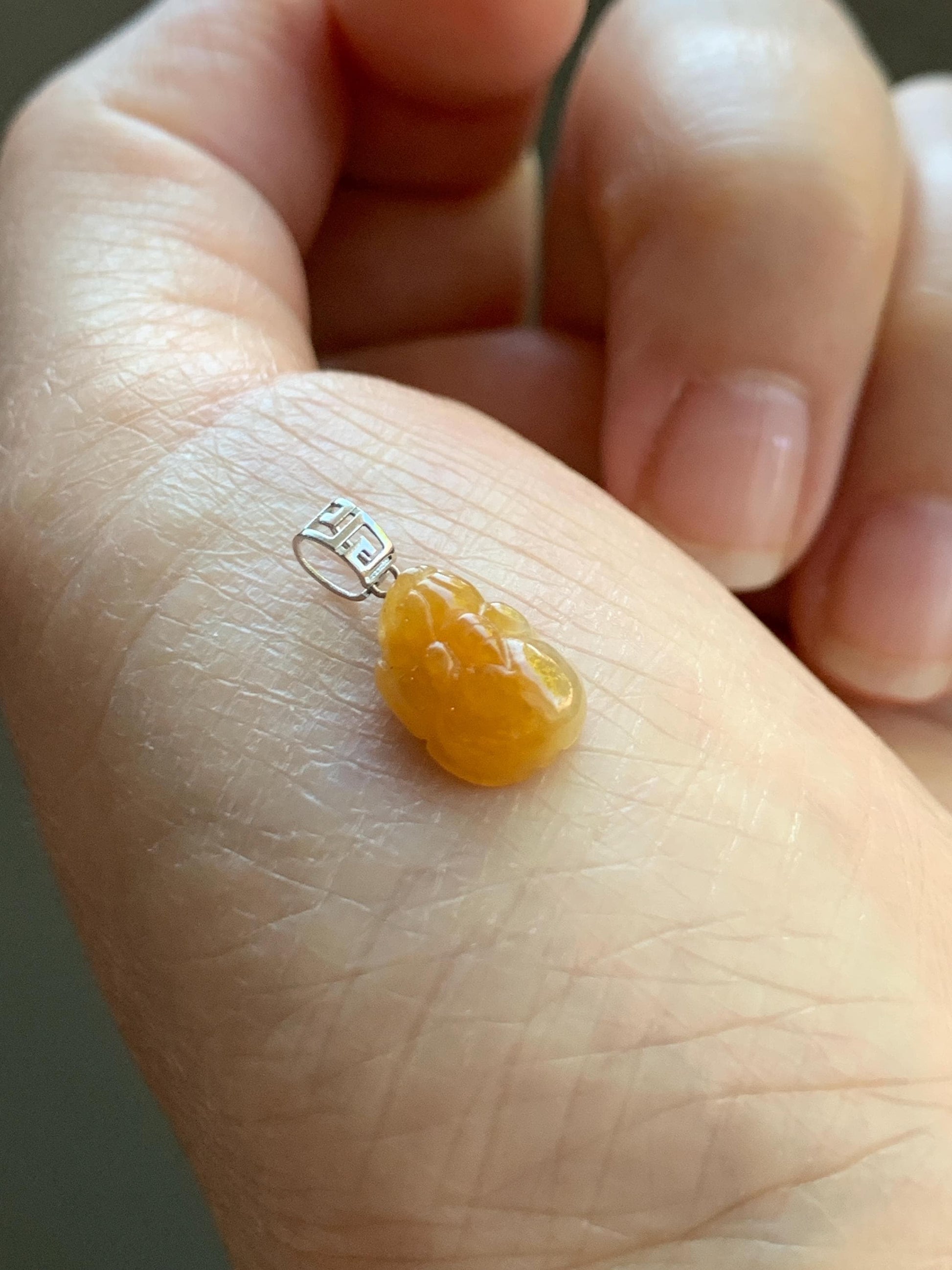 Petite Natural Burmese Icy Translucent Intense Yellow Jadeite Pixiu Pendant 18K White Gold Bail 天然缅甸冰鸡油黄翡翠貔貅镶嵌吊坠