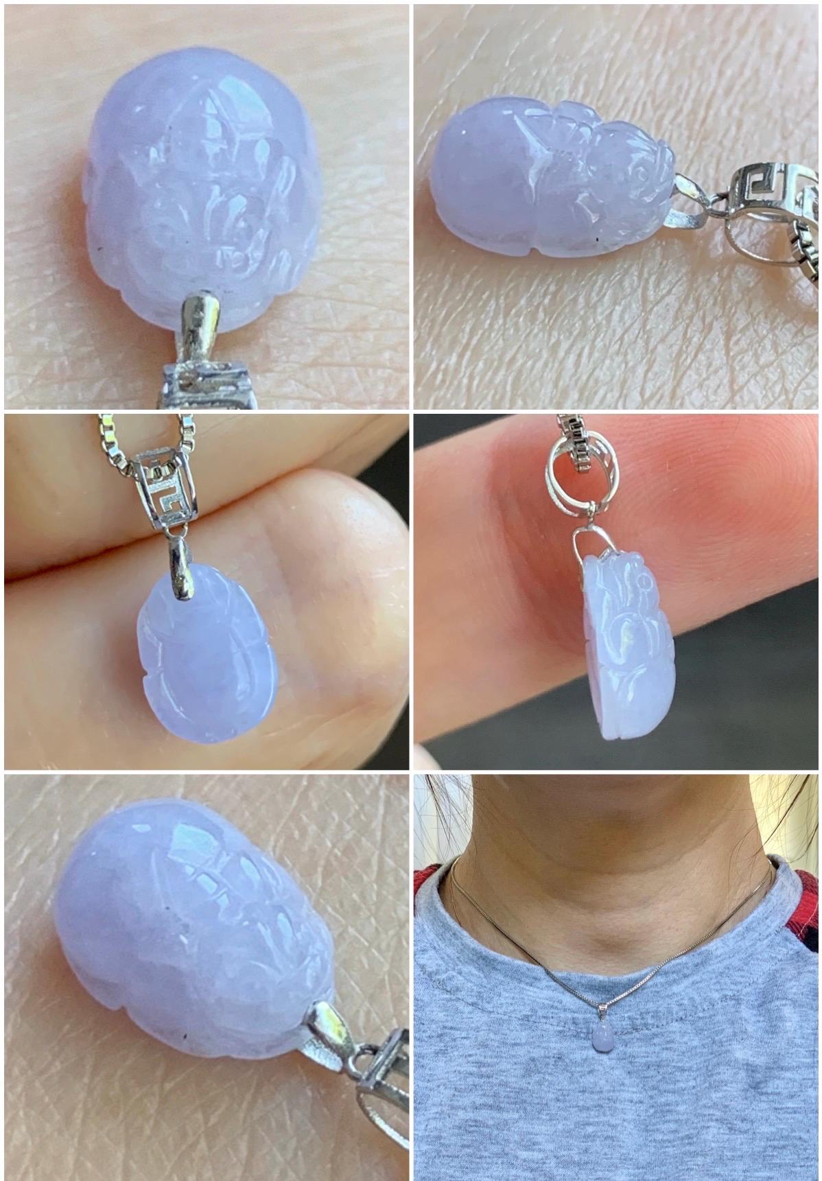 Petite Natural Burmese Icy Translucent Light Purple Jadeite Pixiu Pendant 18K White Gold Bail 天然缅甸冰紫翡翠貔貅镶嵌吊坠