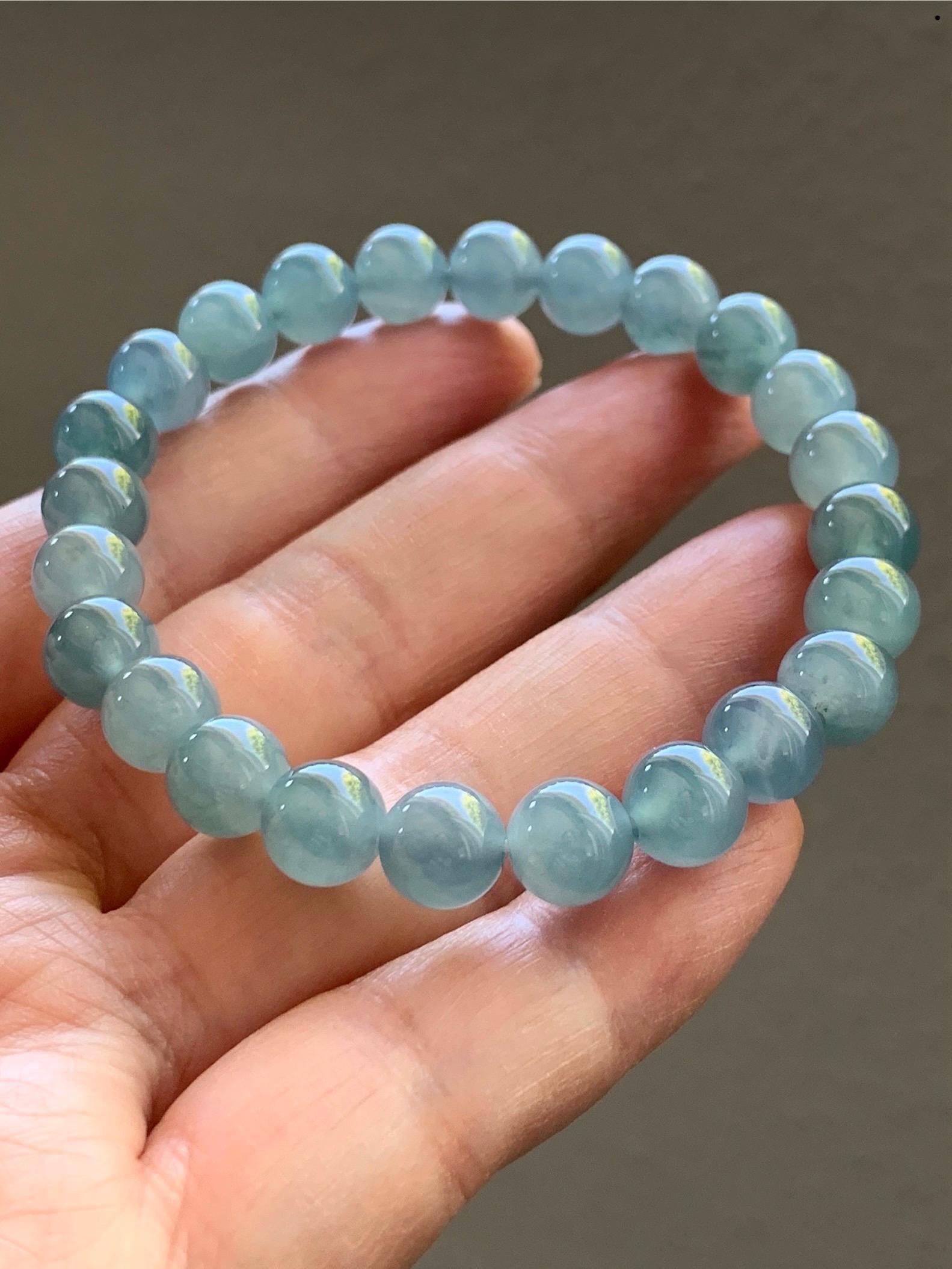 Natural Guatemalan Icy Highly Translucent Light Blue Teal Marbled Jadeite Beaded Bracelet Stretchy 7.8mm 6.75” 19g 天然冰危淡蓝飘花翡翠圆珠手串 DLW67