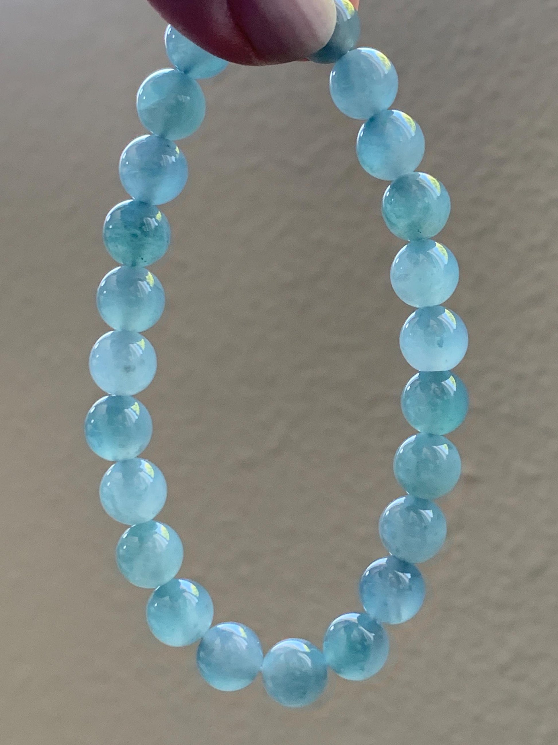 Natural Guatemalan Icy Highly Translucent Light Blue Teal Marbled Jadeite Beaded Bracelet Stretchy 7.8mm 6.75” 19g 天然冰危淡蓝飘花翡翠圆珠手串 DLW67