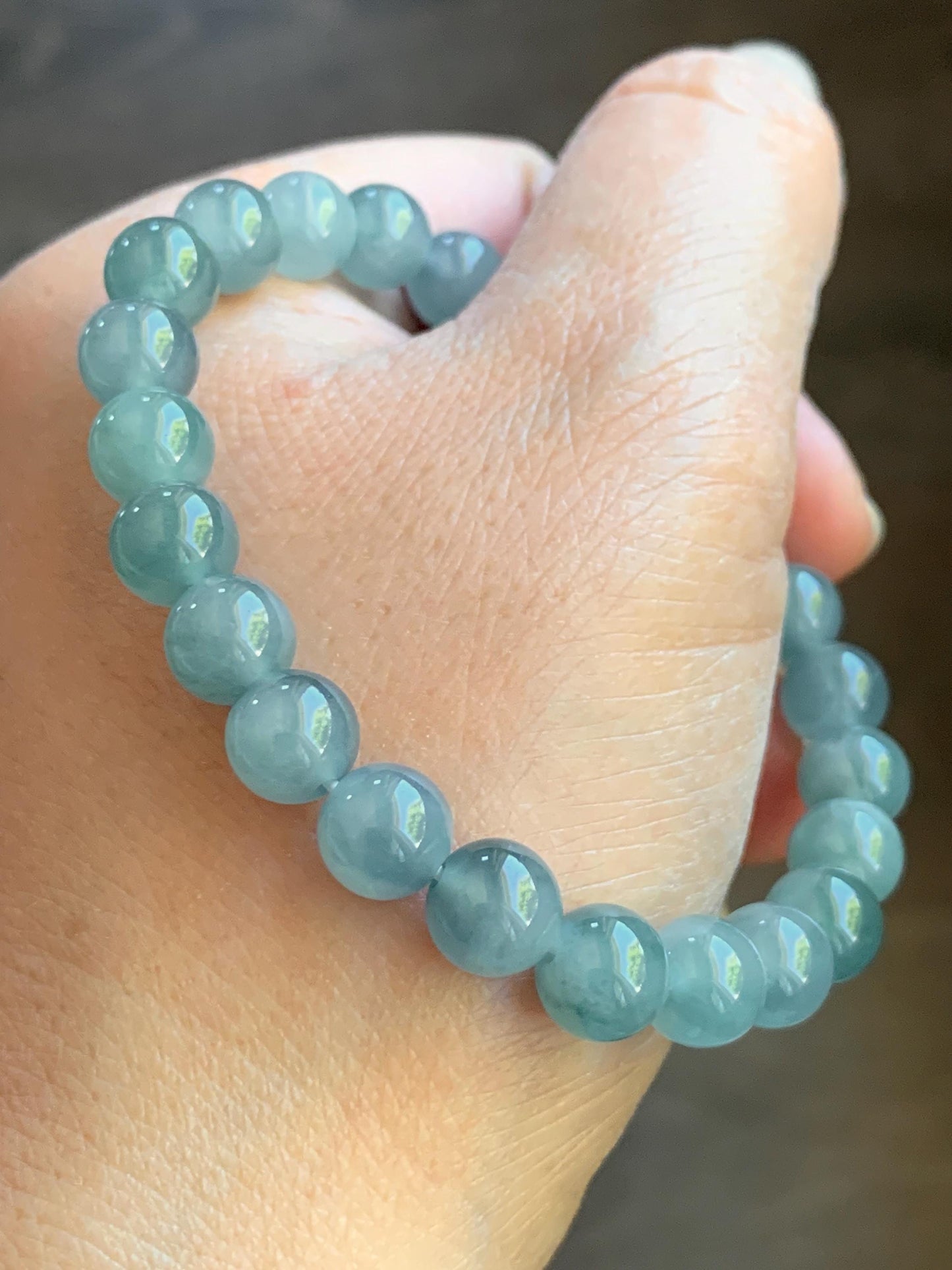 Natural Guatemalan Icy Highly Translucent Light Blue Teal Marbled Jadeite Beaded Bracelet Stretchy 7.8mm 6.75” 19g 天然冰危淡蓝飘花翡翠圆珠手串 DLW67