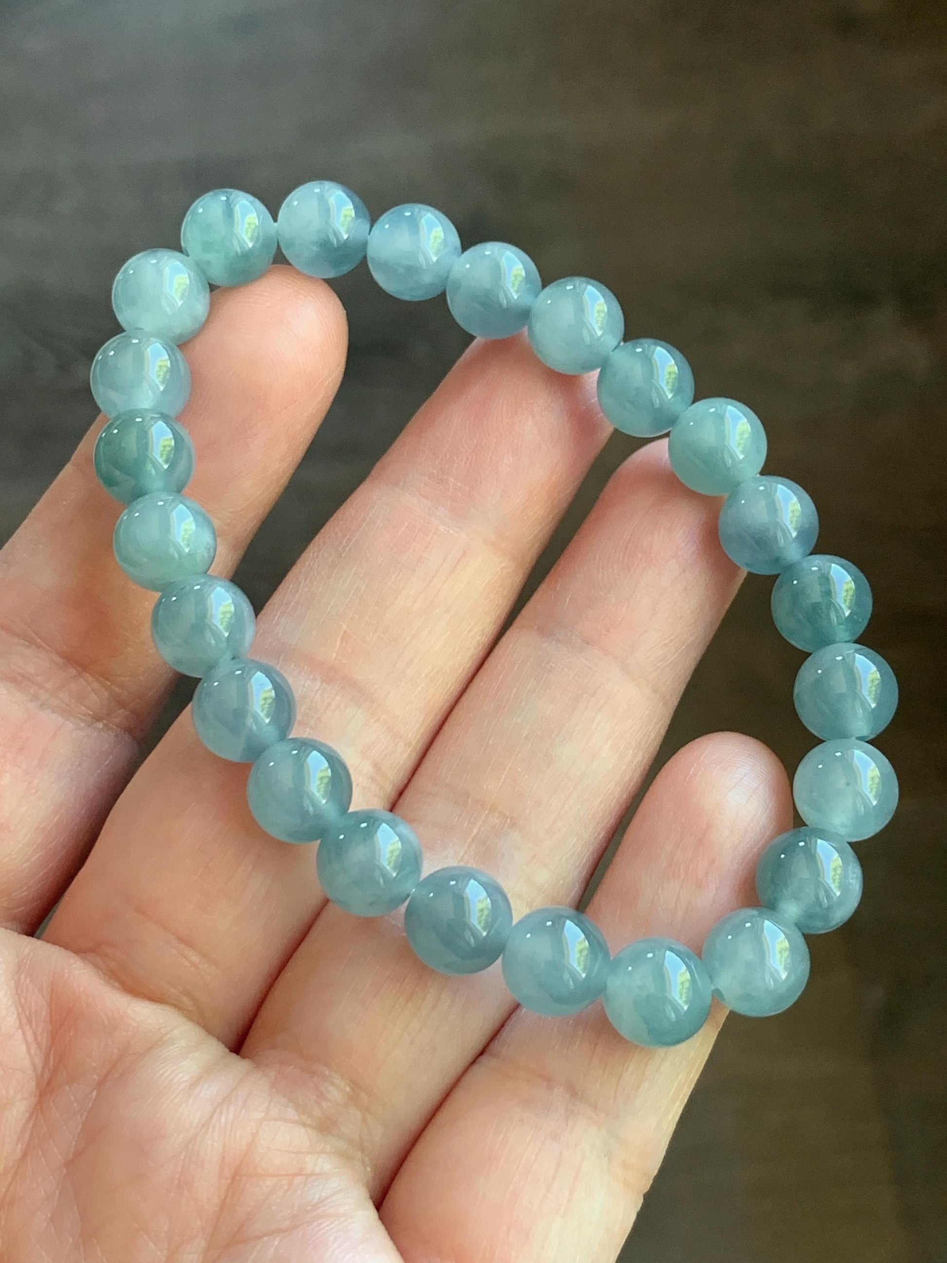 Natural Guatemalan Icy Highly Translucent Light Blue Teal Marbled Jadeite Beaded Bracelet Stretchy 7.8mm 6.75” 19g 天然冰危淡蓝飘花翡翠圆珠手串 DLW67