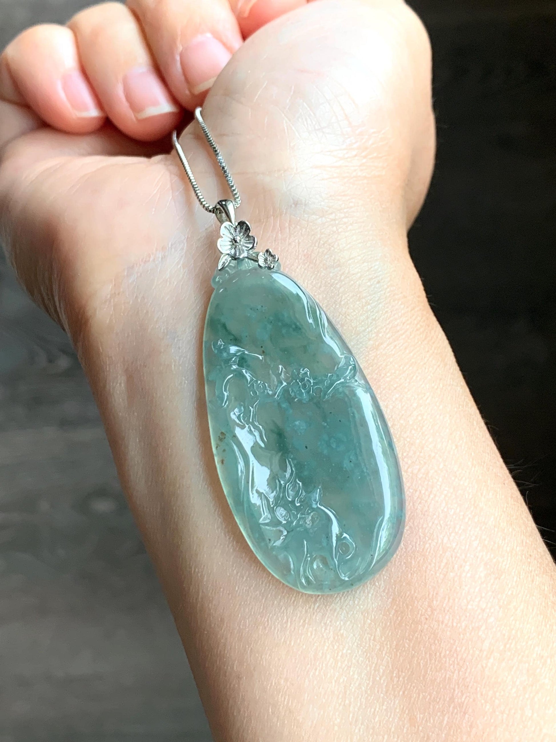 Natural Guatemalan Icy Highly Translucent Light Blue Jadeite Deer Cherry Blossom Pendant Sterling Silver Bail 11g 天然冰危淡蓝翡翠梅花鹿吊坠