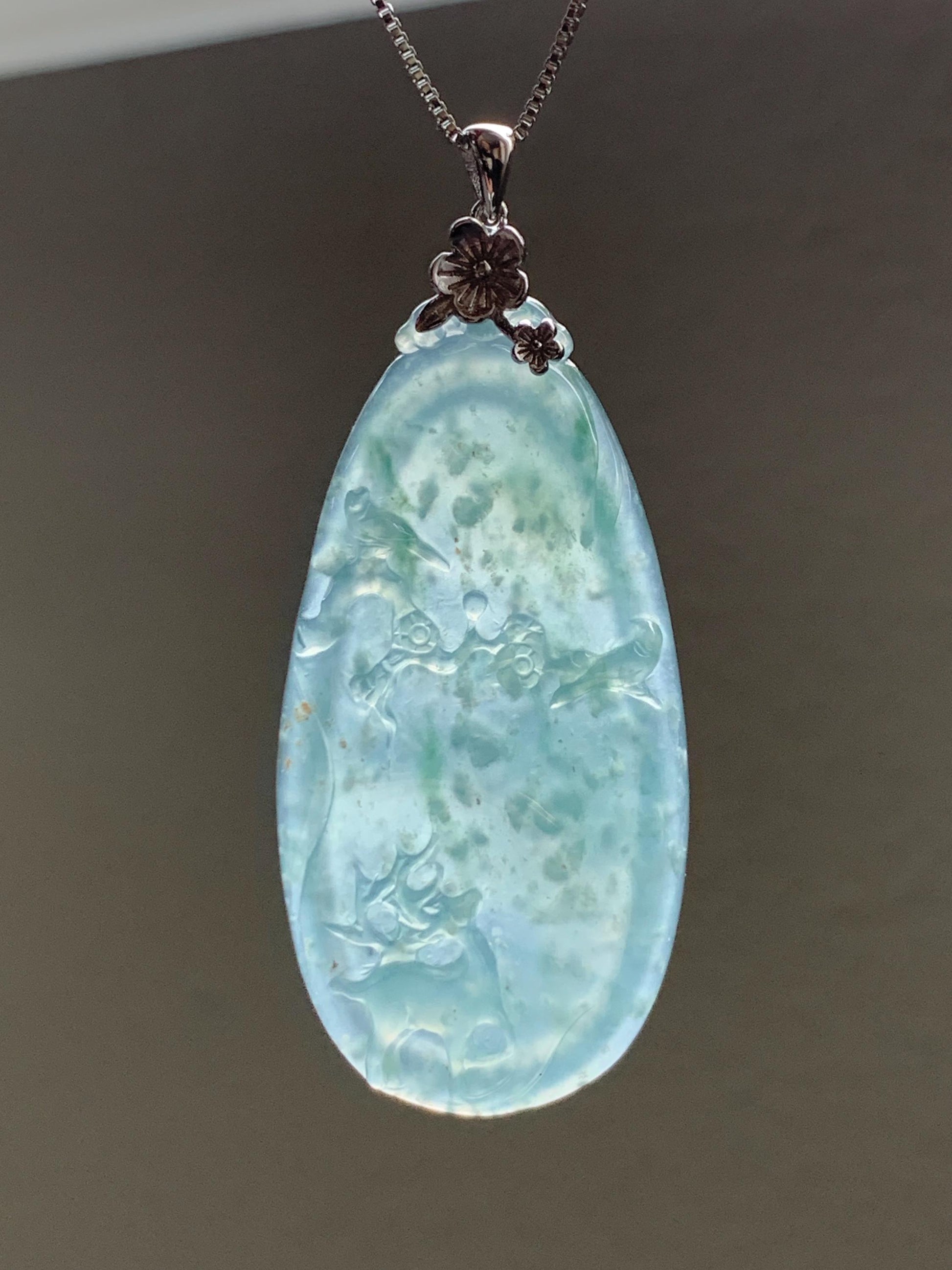 Natural Guatemalan Icy Highly Translucent Light Blue Jadeite Deer Cherry Blossom Pendant Sterling Silver Bail 11g 天然冰危淡蓝翡翠梅花鹿吊坠