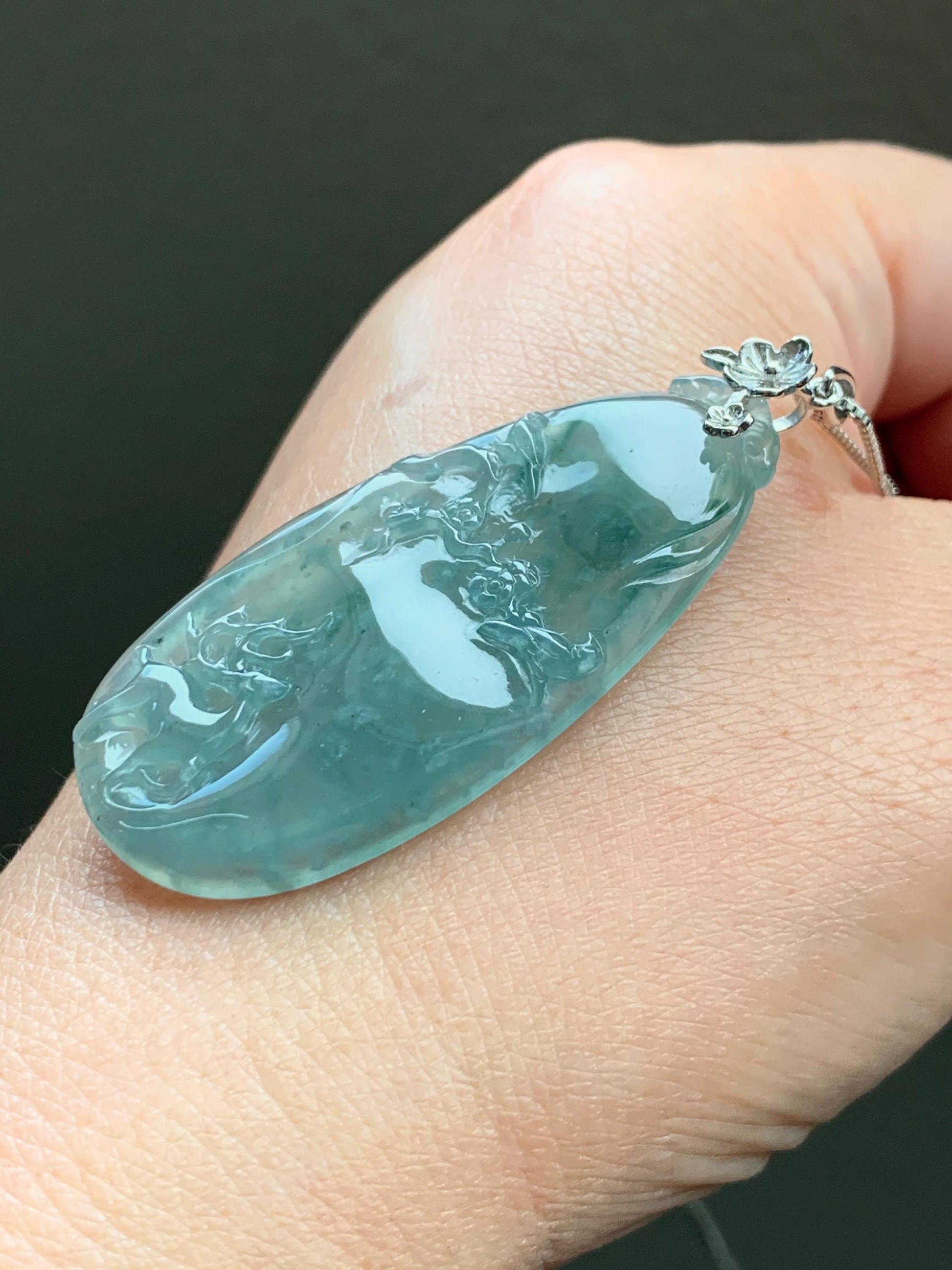 Natural Guatemalan Icy Highly Translucent Light Blue Jadeite Deer Cherry Blossom Pendant Sterling Silver Bail 11g 天然冰危淡蓝翡翠梅花鹿吊坠