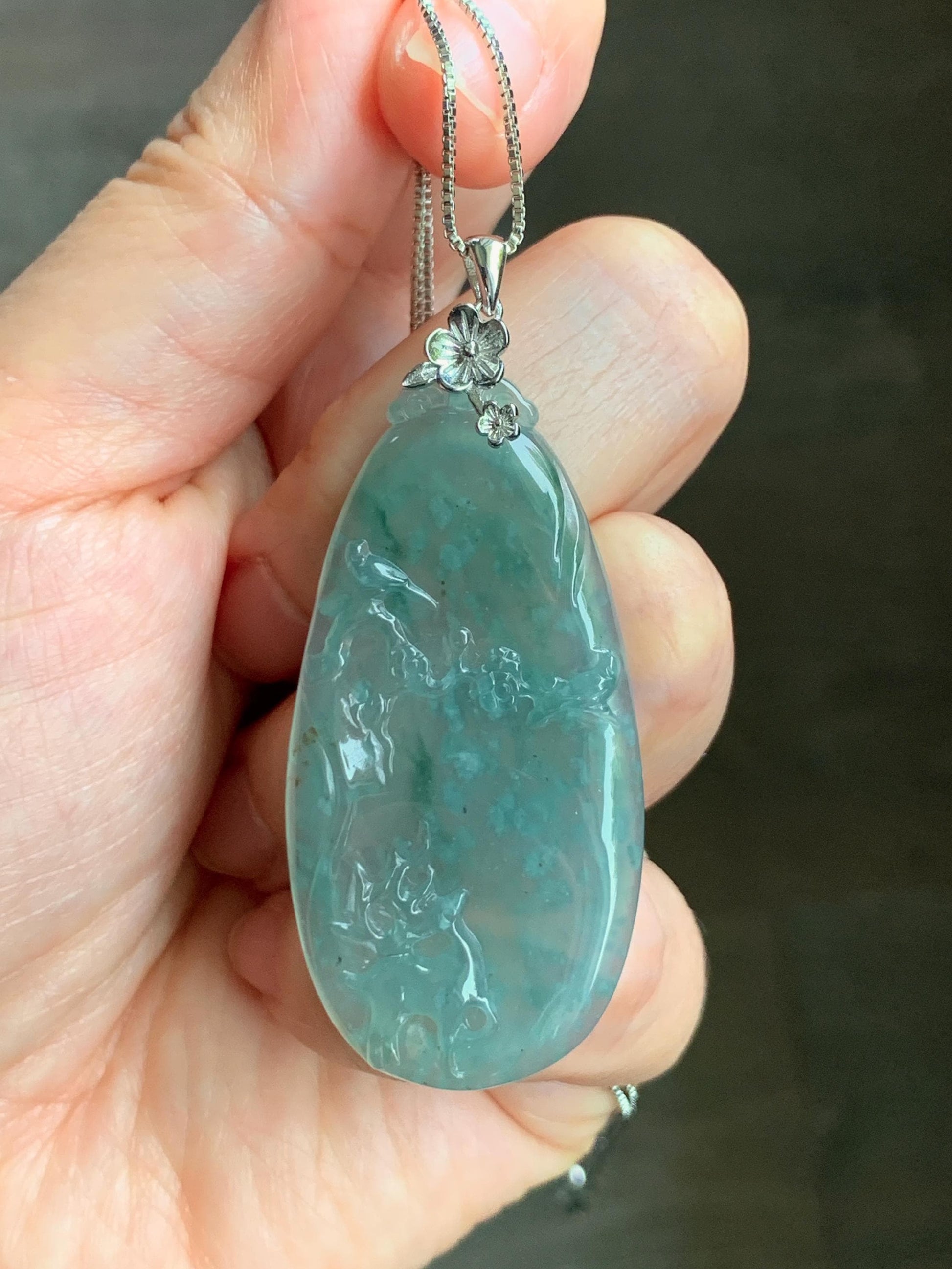 Natural Guatemalan Icy Highly Translucent Light Blue Jadeite Deer Cherry Blossom Pendant Sterling Silver Bail 11g 天然冰危淡蓝翡翠梅花鹿吊坠