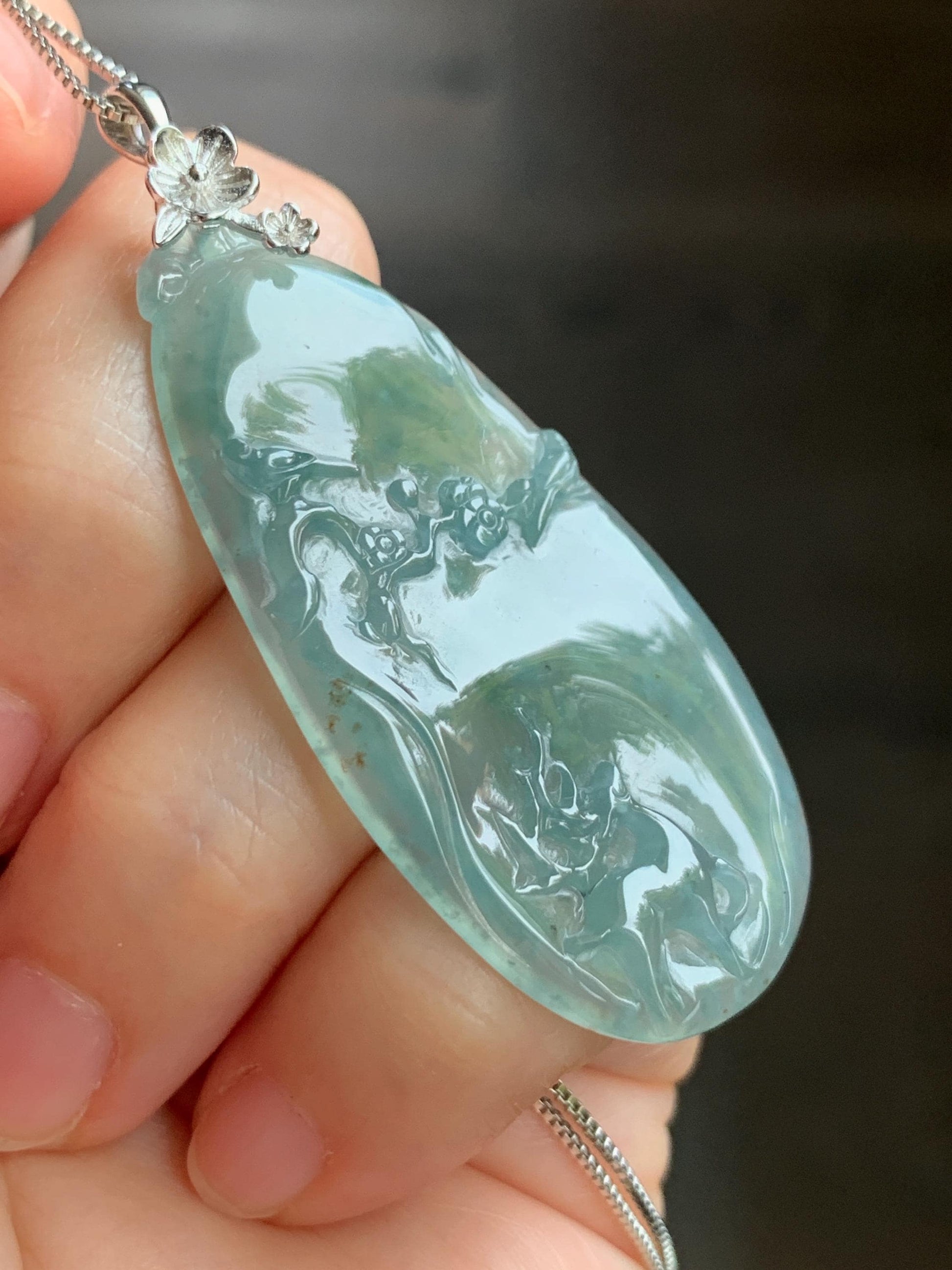 Natural Guatemalan Icy Highly Translucent Light Blue Jadeite Deer Cherry Blossom Pendant Sterling Silver Bail 11g 天然冰危淡蓝翡翠梅花鹿吊坠