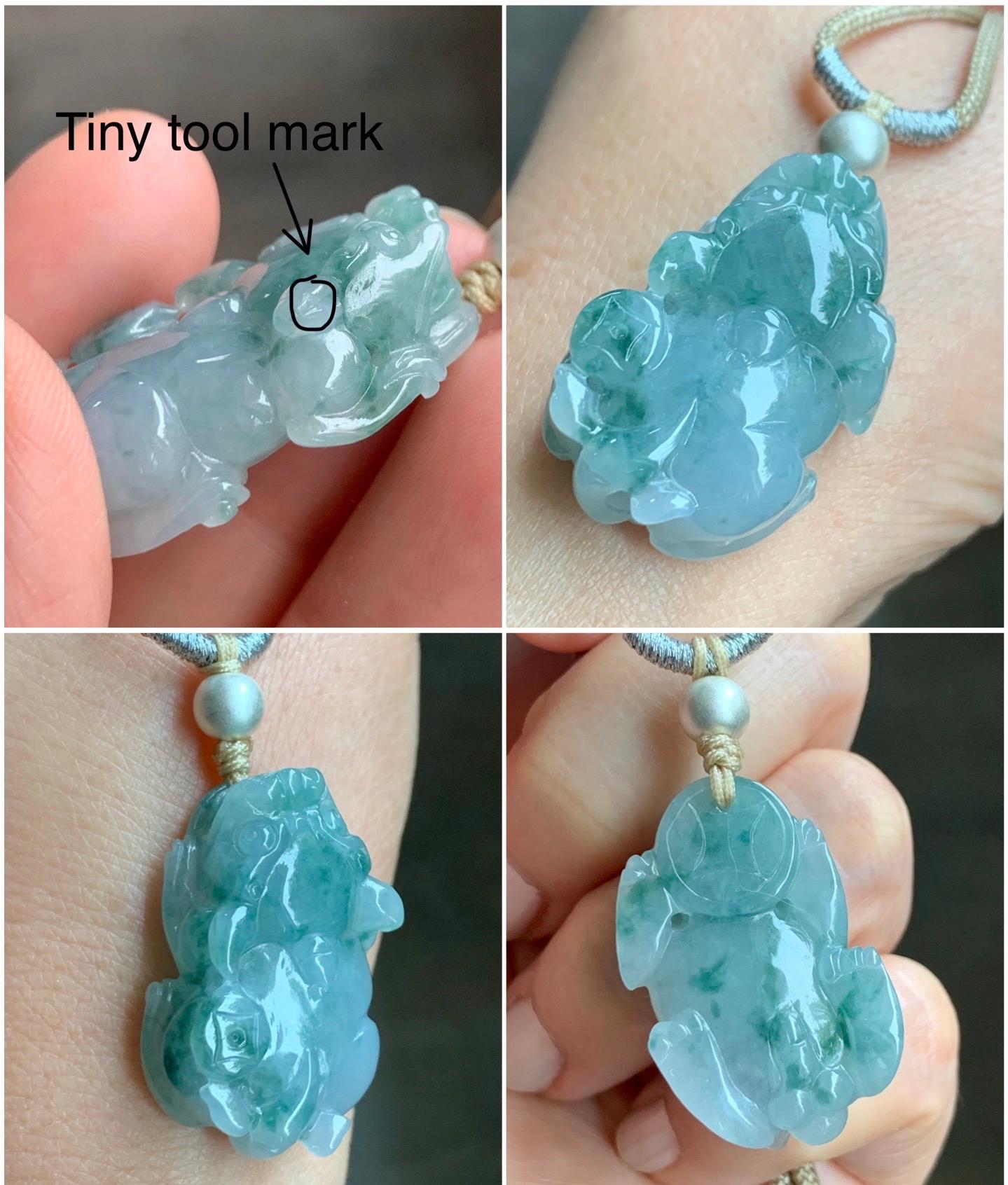 Natural Burmese Icy Translucent Gelatinous Teal Green Marbled Jadeite Pixiu Pendant Rope Necklace Sterling Silver 14g 天然缅甸冰胶飘花翡翠貔貅吊坠