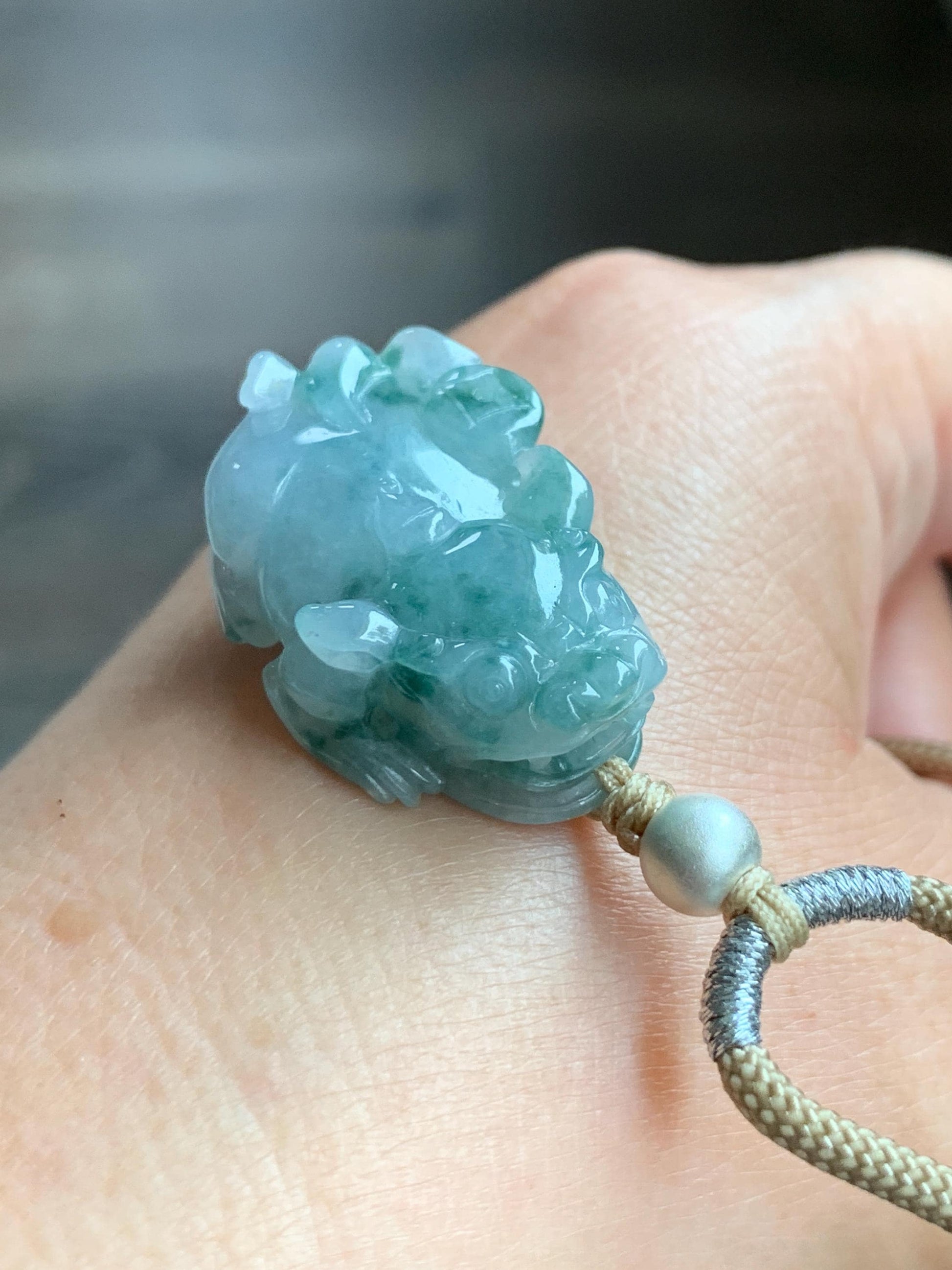 Natural Burmese Icy Translucent Gelatinous Teal Green Marbled Jadeite Pixiu Pendant Rope Necklace Sterling Silver 14g 天然缅甸冰胶飘花翡翠貔貅吊坠