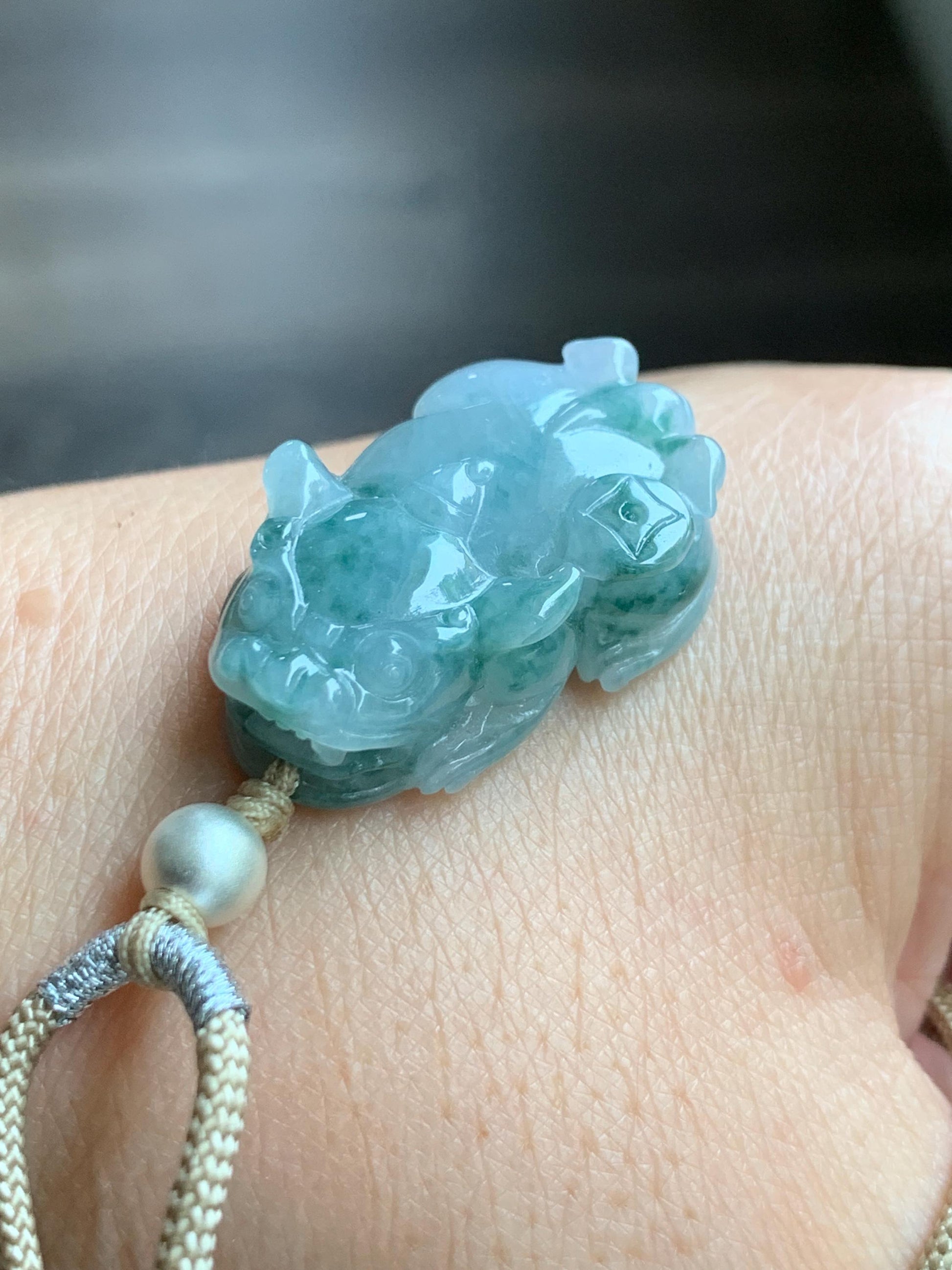 Natural Burmese Icy Translucent Gelatinous Teal Green Marbled Jadeite Pixiu Pendant Rope Necklace Sterling Silver 14g 天然缅甸冰胶飘花翡翠貔貅吊坠