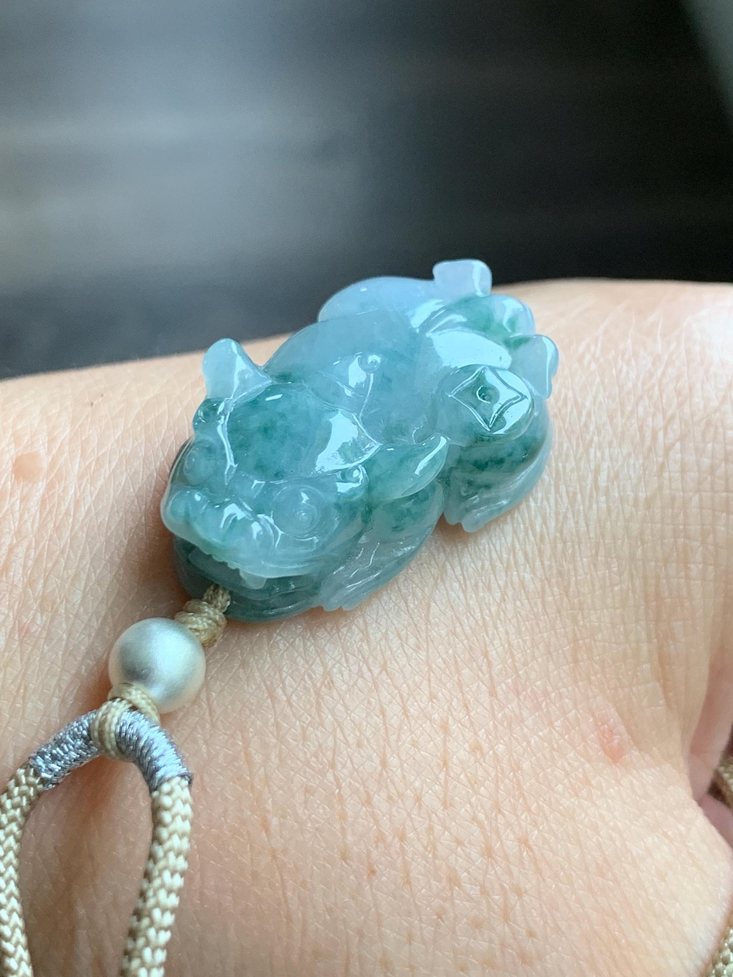 Natural Burmese Icy Translucent Gelatinous Teal Green Marbled Jadeite Pixiu Pendant Rope Necklace Sterling Silver 14g 天然缅甸冰胶飘花翡翠貔貅吊坠