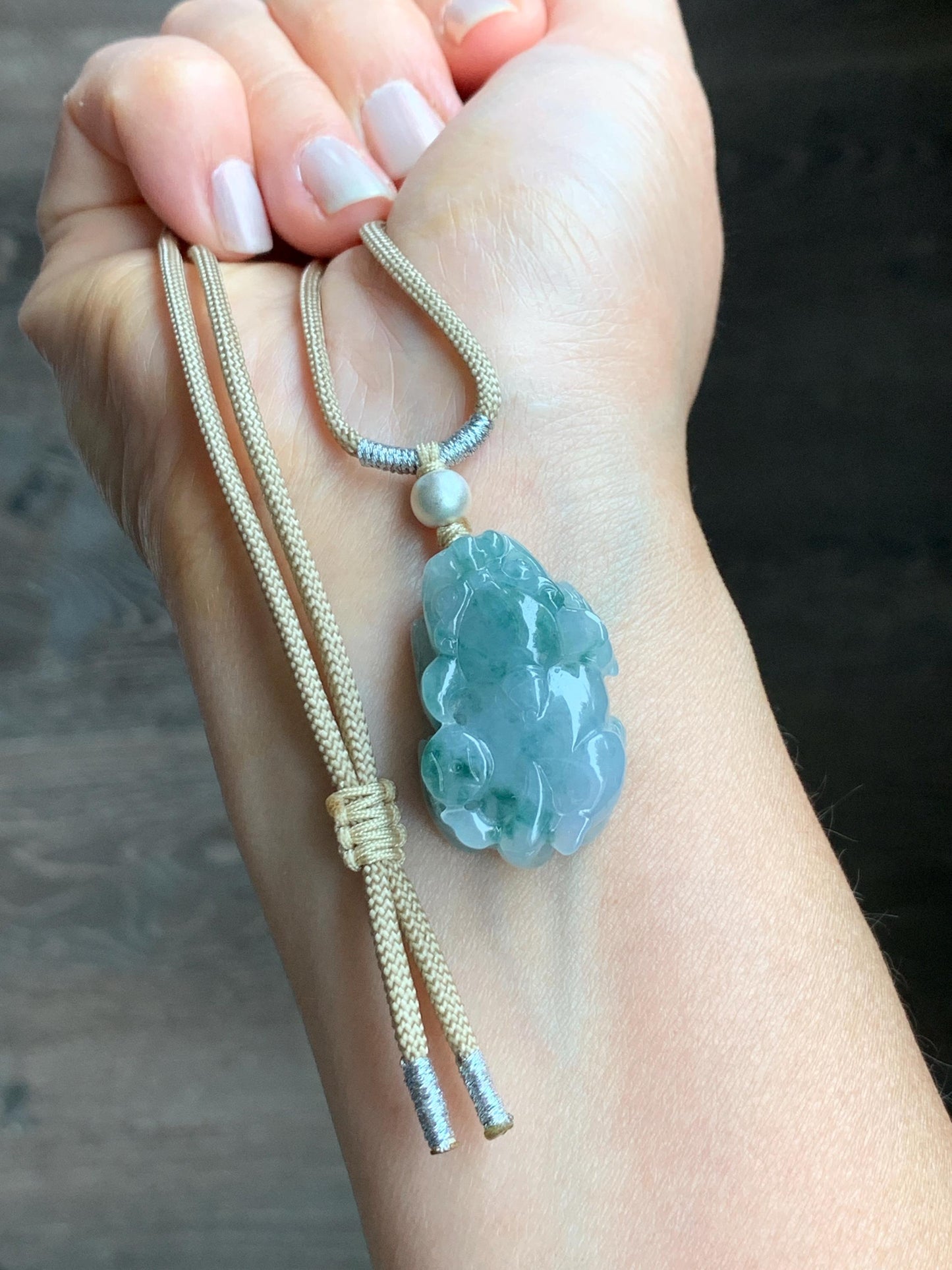 Natural Burmese Icy Translucent Gelatinous Teal Green Marbled Jadeite Pixiu Pendant Rope Necklace Sterling Silver 14g 天然缅甸冰胶飘花翡翠貔貅吊坠