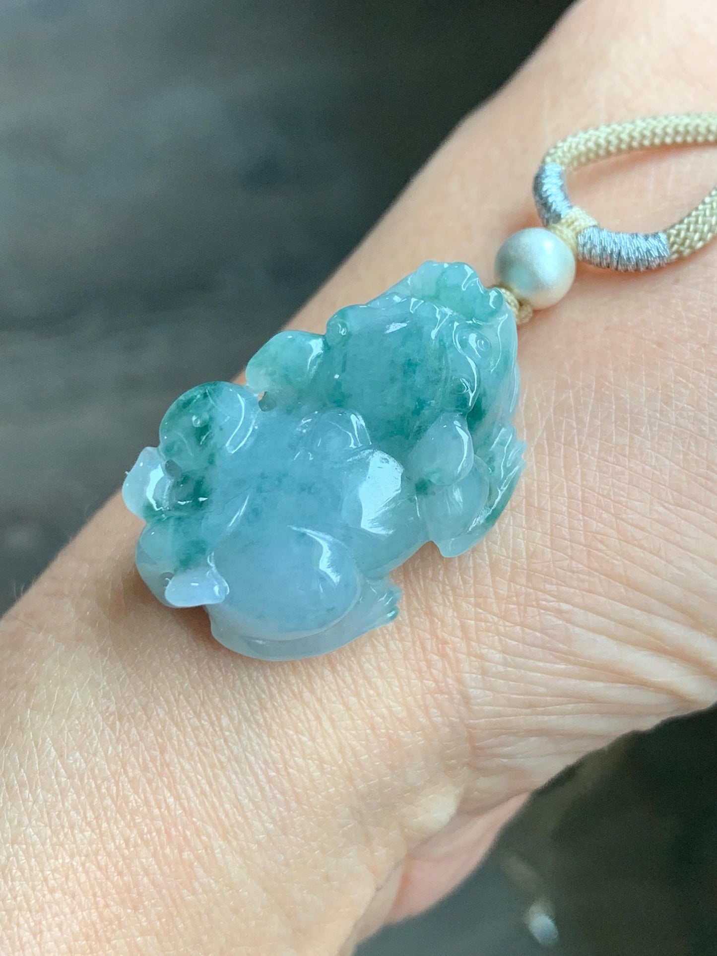 Natural Burmese Icy Translucent Gelatinous Teal Green Marbled Jadeite Pixiu Pendant Rope Necklace Sterling Silver 14g 天然缅甸冰胶飘花翡翠貔貅吊坠