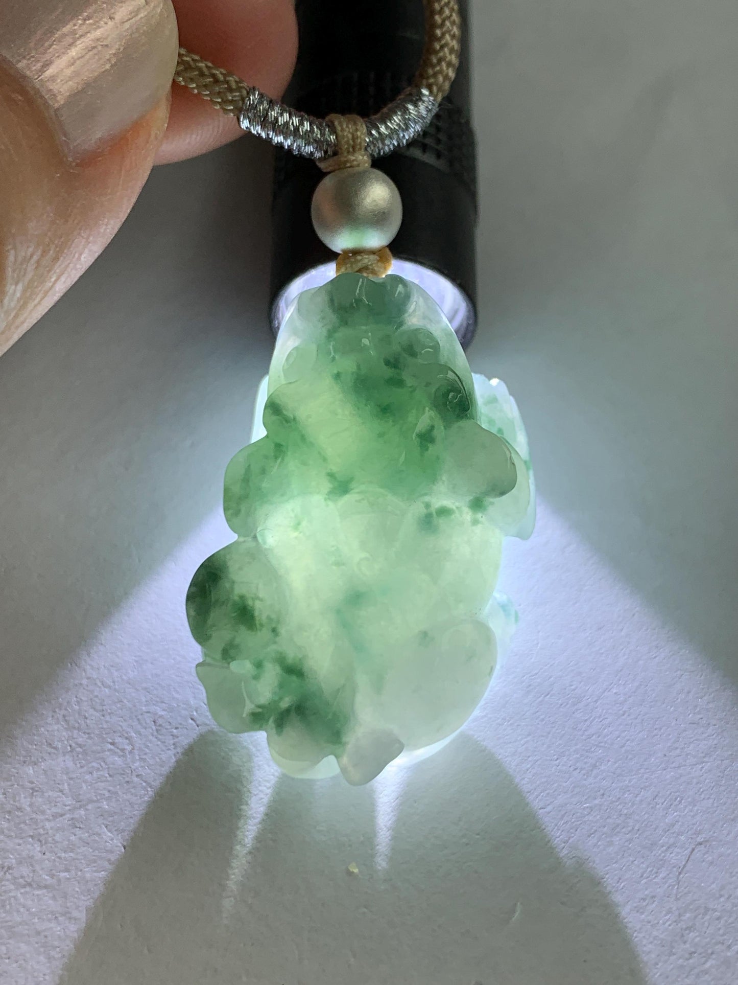 Natural Burmese Icy Translucent Gelatinous Teal Green Marbled Jadeite Pixiu Pendant Rope Necklace Sterling Silver 14g 天然缅甸冰胶飘花翡翠貔貅吊坠