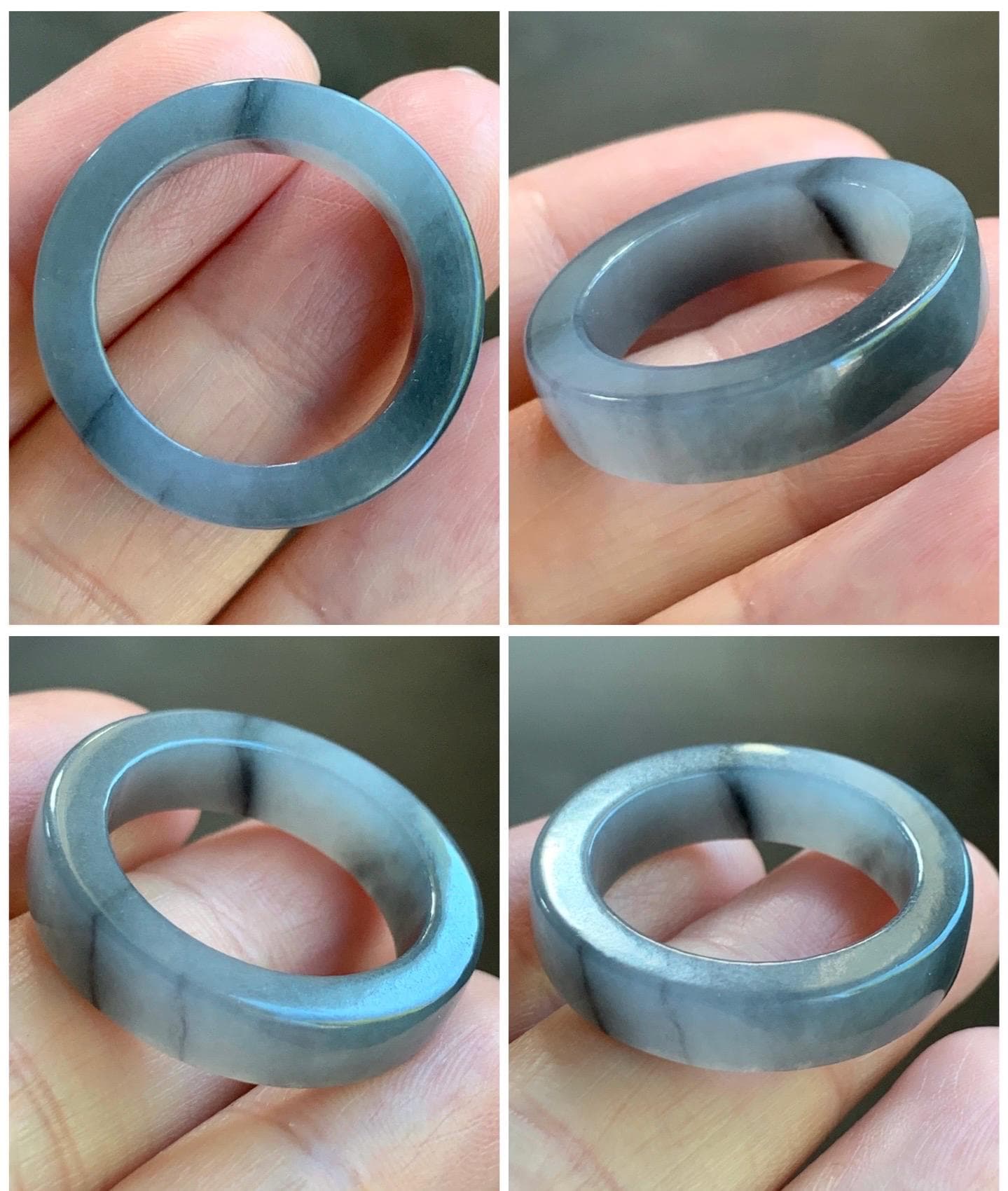 Natural Burmese Icy Translucent Gelatinous Light Gray Wuji Marbled Jadeite Square Edged Band Ring Size 9 5g 天然缅甸冰胶乌鸡翡翠角戒戒圈 MJW529