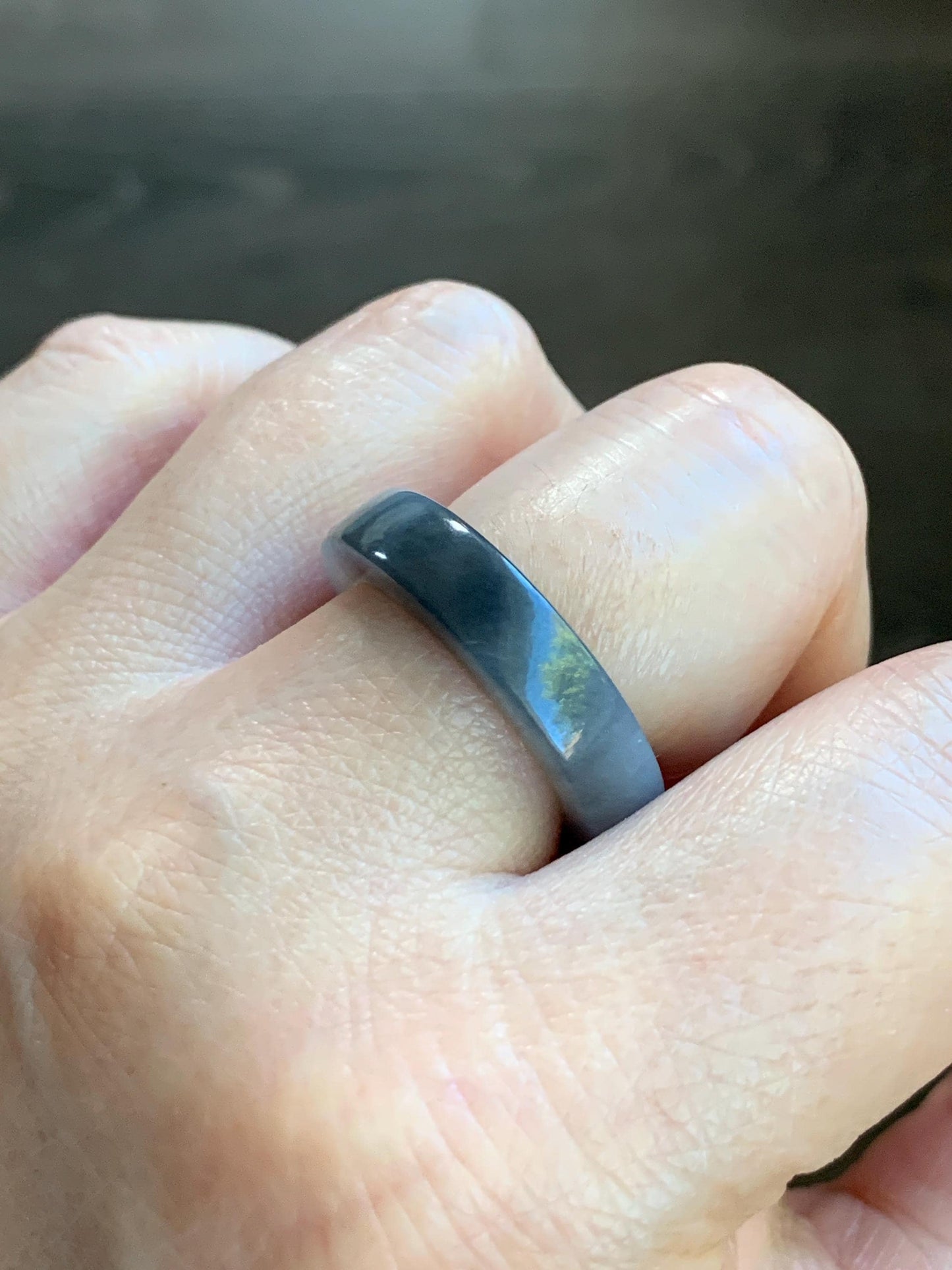 Natural Burmese Icy Translucent Gelatinous Light Gray Wuji Marbled Jadeite Square Edged Band Ring Size 9 5g 天然缅甸冰胶乌鸡翡翠角戒戒圈 MJW529