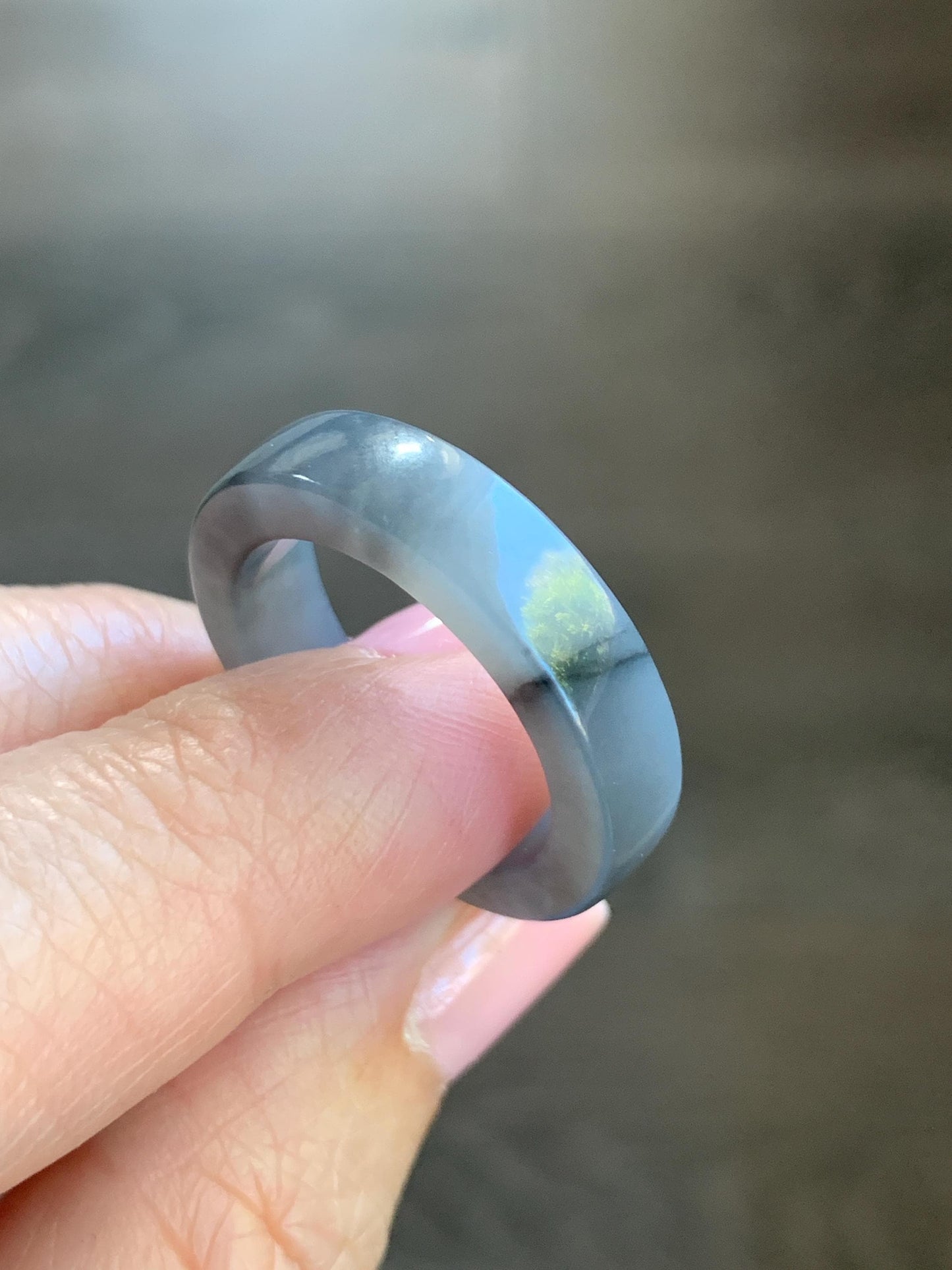 Natural Burmese Icy Translucent Gelatinous Light Gray Wuji Marbled Jadeite Square Edged Band Ring Size 9 5g 天然缅甸冰胶乌鸡翡翠角戒戒圈 MJW529