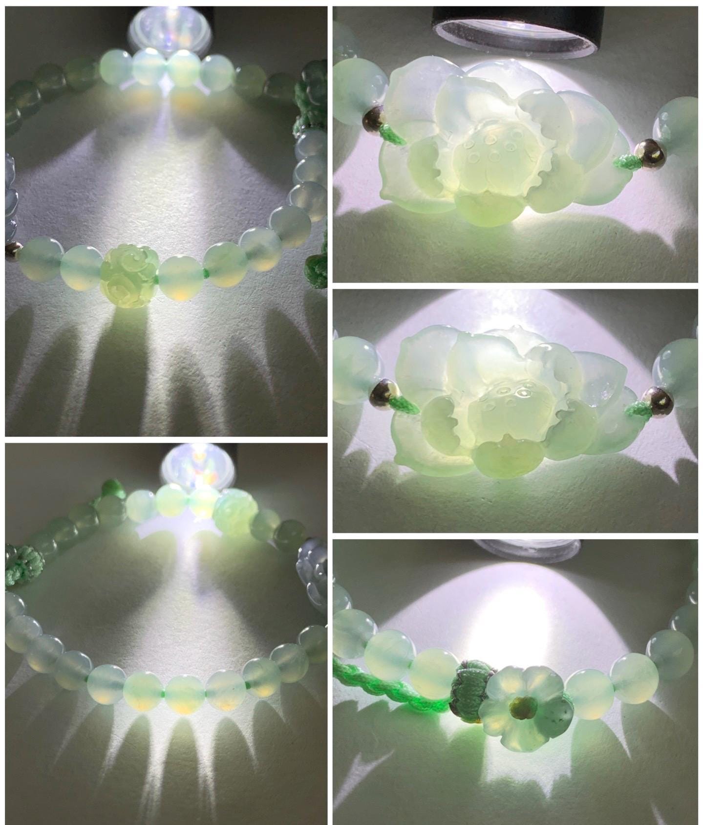 Certified Natural Burmese Icy Translucent Dusty Teal Blue & Light Green Jadeite Lotus Flower Beaded Bracelet 6.25”-7.25” 天然缅甸冰蓝翡翠莲花晴底珠手串 936