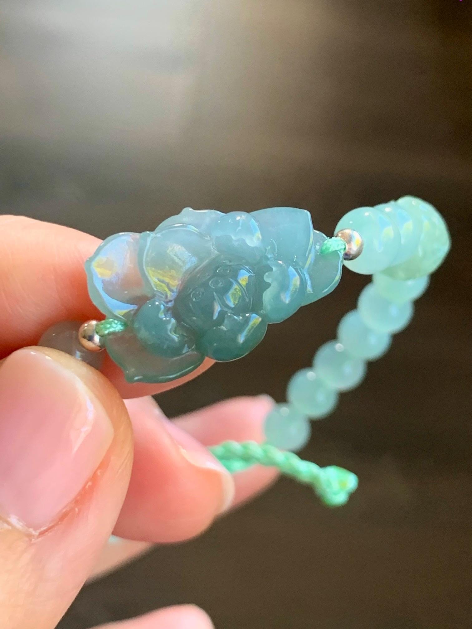 Certified Natural Burmese Icy Translucent Dusty Teal Blue & Light Green Jadeite Lotus Flower Beaded Bracelet 6.25”-7.25” 天然缅甸冰蓝翡翠莲花晴底珠手串 936