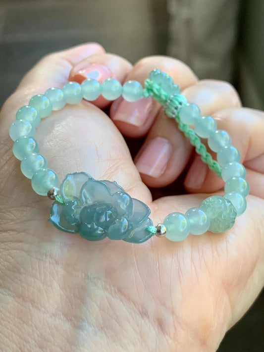 Certified Natural Burmese Icy Translucent Dusty Teal Blue & Light Green Jadeite Lotus Flower Beaded Bracelet 6.25”-7.25” 天然缅甸冰蓝翡翠莲花晴底珠手串 936