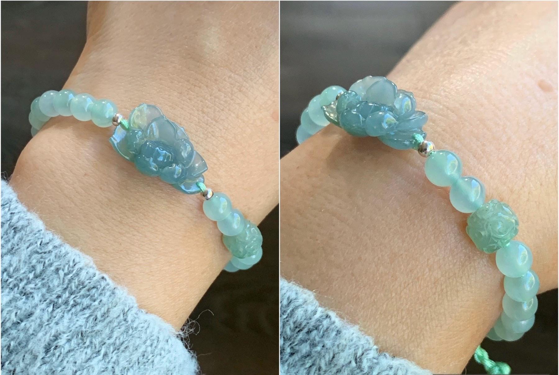 Certified Natural Burmese Icy Translucent Dusty Teal Blue & Light Green Jadeite Lotus Flower Beaded Bracelet 6.25”-7.25” 天然缅甸冰蓝翡翠莲花晴底珠手串 936