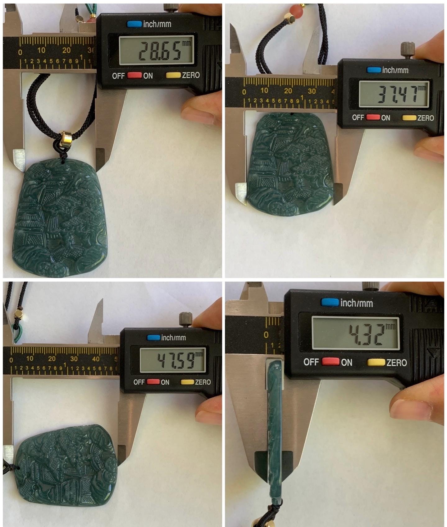Natural Guatemalan Dark Dusty Teal Blue Jadeite Carved Shan Shui Pai Landscape Tag Pendant Rope Necklace 25” 21g 天然冰危暗蓝绿翡翠山水牌吊坠 SHS522A