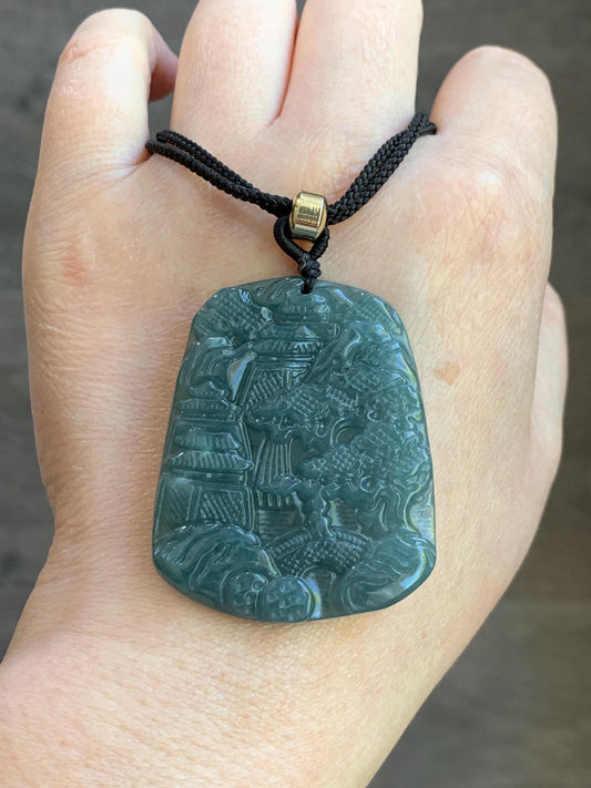 Natural Guatemalan Dark Dusty Teal Blue Jadeite Carved Shan Shui Pai Landscape Tag Pendant Rope Necklace 25” 21g 天然冰危暗蓝绿翡翠山水牌吊坠 SHS522A
