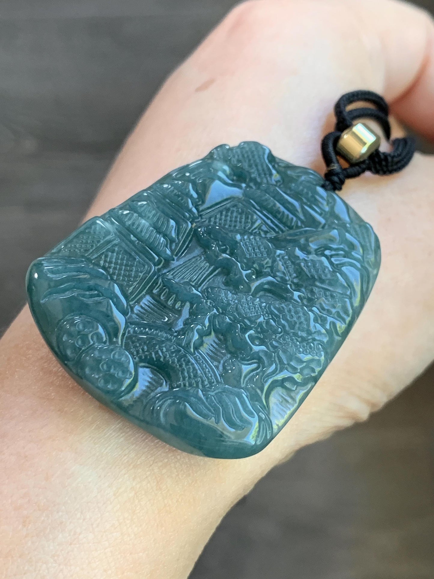 Natural Guatemalan Dark Dusty Teal Blue Jadeite Carved Shan Shui Pai Landscape Tag Pendant Rope Necklace 25” 21g 天然冰危暗蓝绿翡翠山水牌吊坠 SHS522A