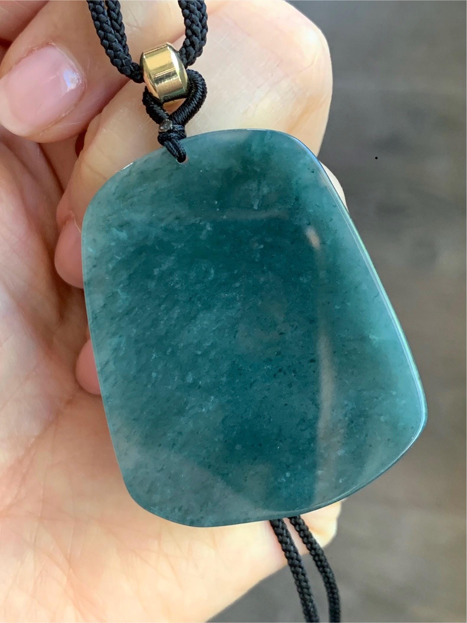 Natural Guatemalan Dark Dusty Teal Blue Jadeite Carved Shan Shui Pai Landscape Tag Pendant Rope Necklace 25” 21g 天然冰危暗蓝绿翡翠山水牌吊坠 SHS522A