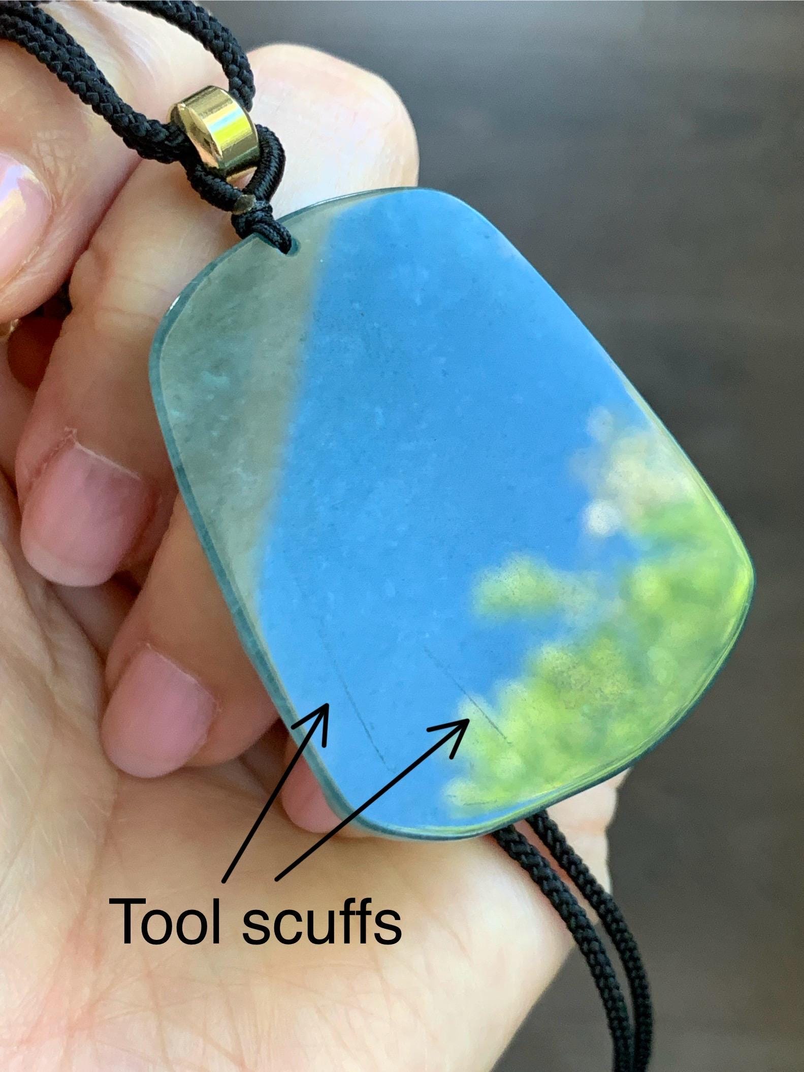 Natural Guatemalan Dark Dusty Teal Blue Jadeite Carved Shan Shui Pai Landscape Tag Pendant Rope Necklace 25” 21g 天然冰危暗蓝绿翡翠山水牌吊坠 SHS522A
