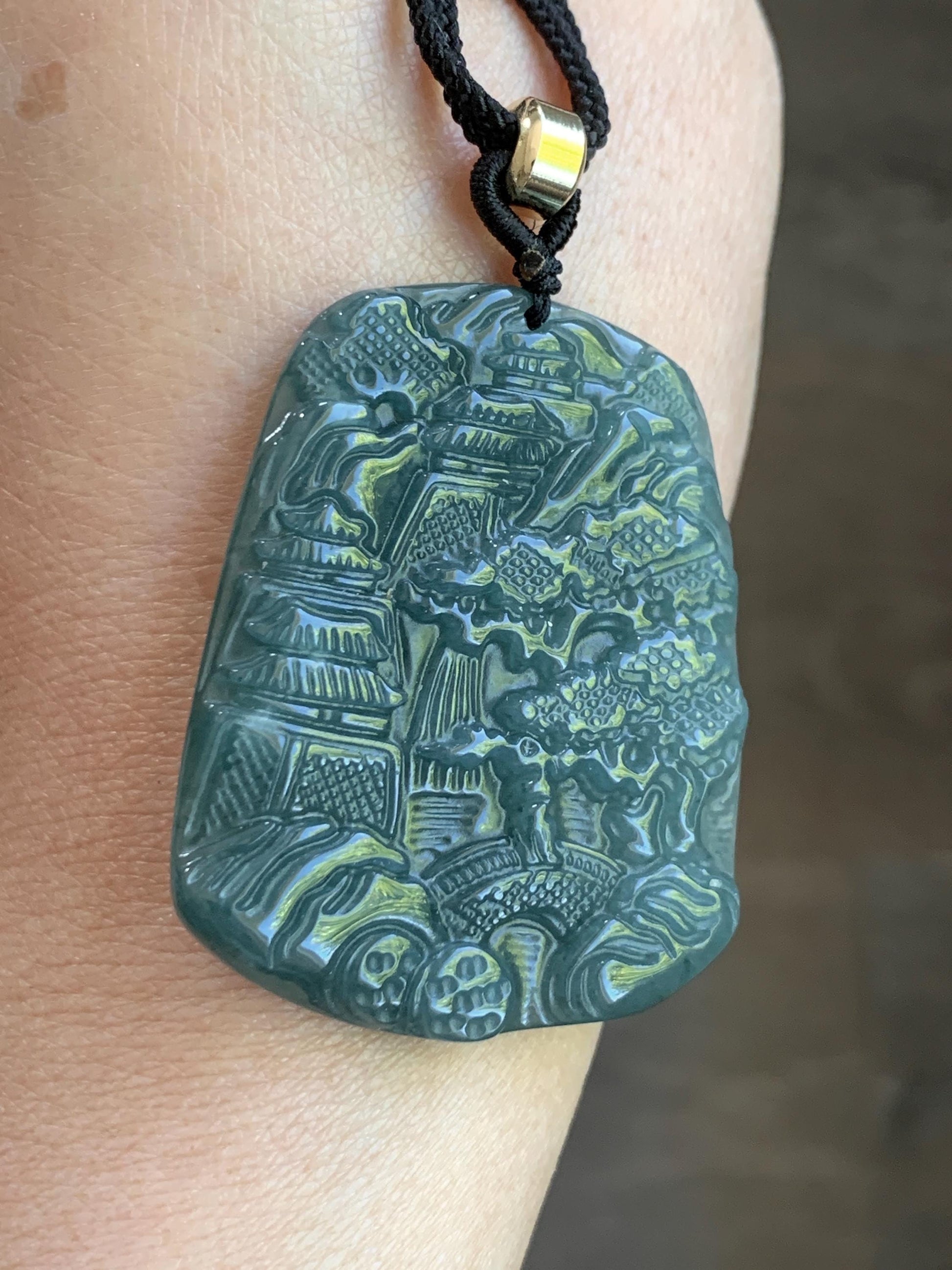 Natural Guatemalan Dark Dusty Teal Blue Jadeite Carved Shan Shui Pai Landscape Tag Pendant Rope Necklace 25” 21g 天然冰危暗蓝绿翡翠山水牌吊坠 SHS522A