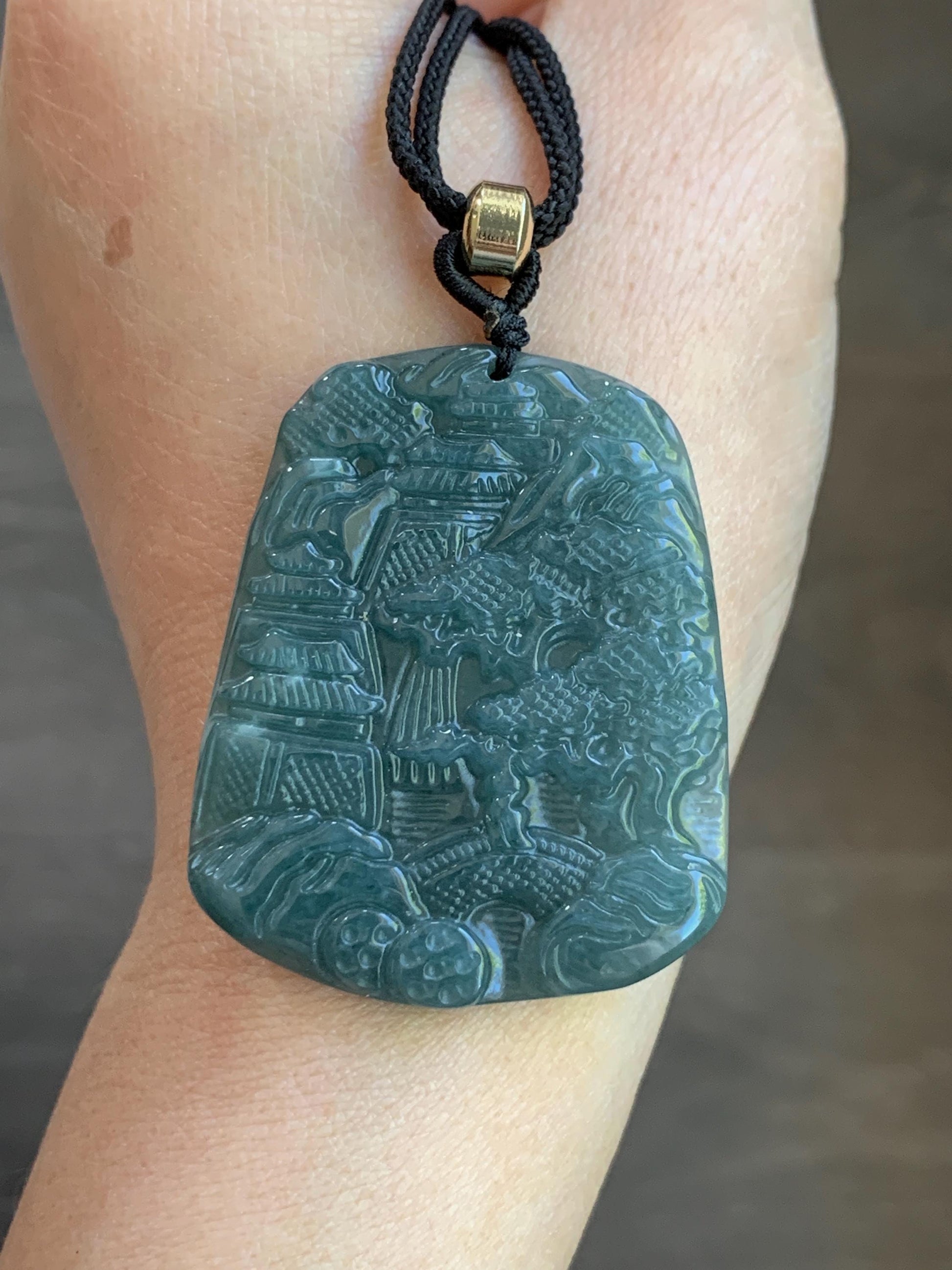 Natural Guatemalan Dark Dusty Teal Blue Jadeite Carved Shan Shui Pai Landscape Tag Pendant Rope Necklace 25” 21g 天然冰危暗蓝绿翡翠山水牌吊坠 SHS522A