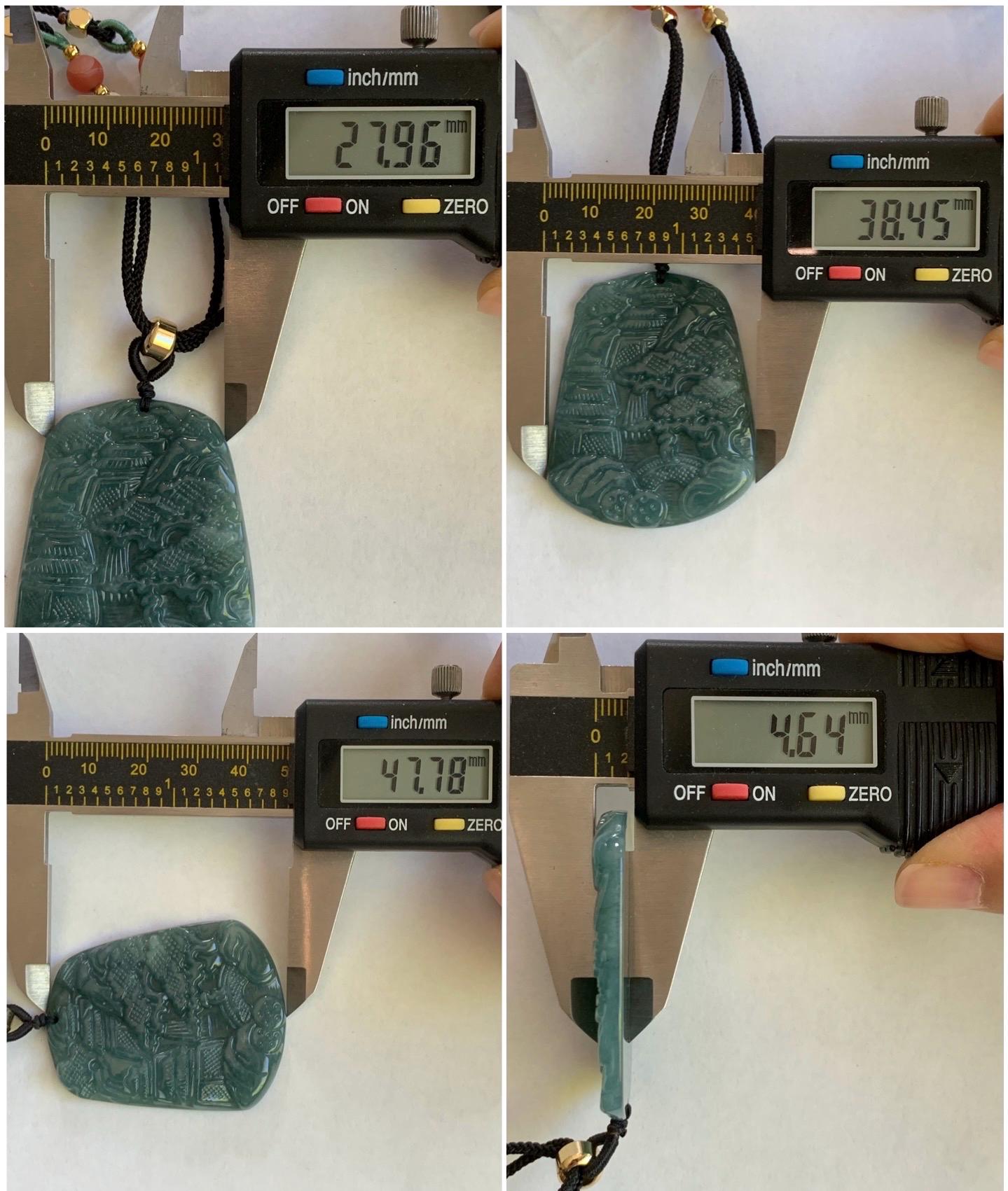 Natural Guatemalan Dark Dusty Teal Blue Jadeite Carved Shan Shui Pai Landscape Tag Pendant Rope Necklace 25” 23g 天然冰危暗蓝绿翡翠山水牌吊坠 SHS522B
