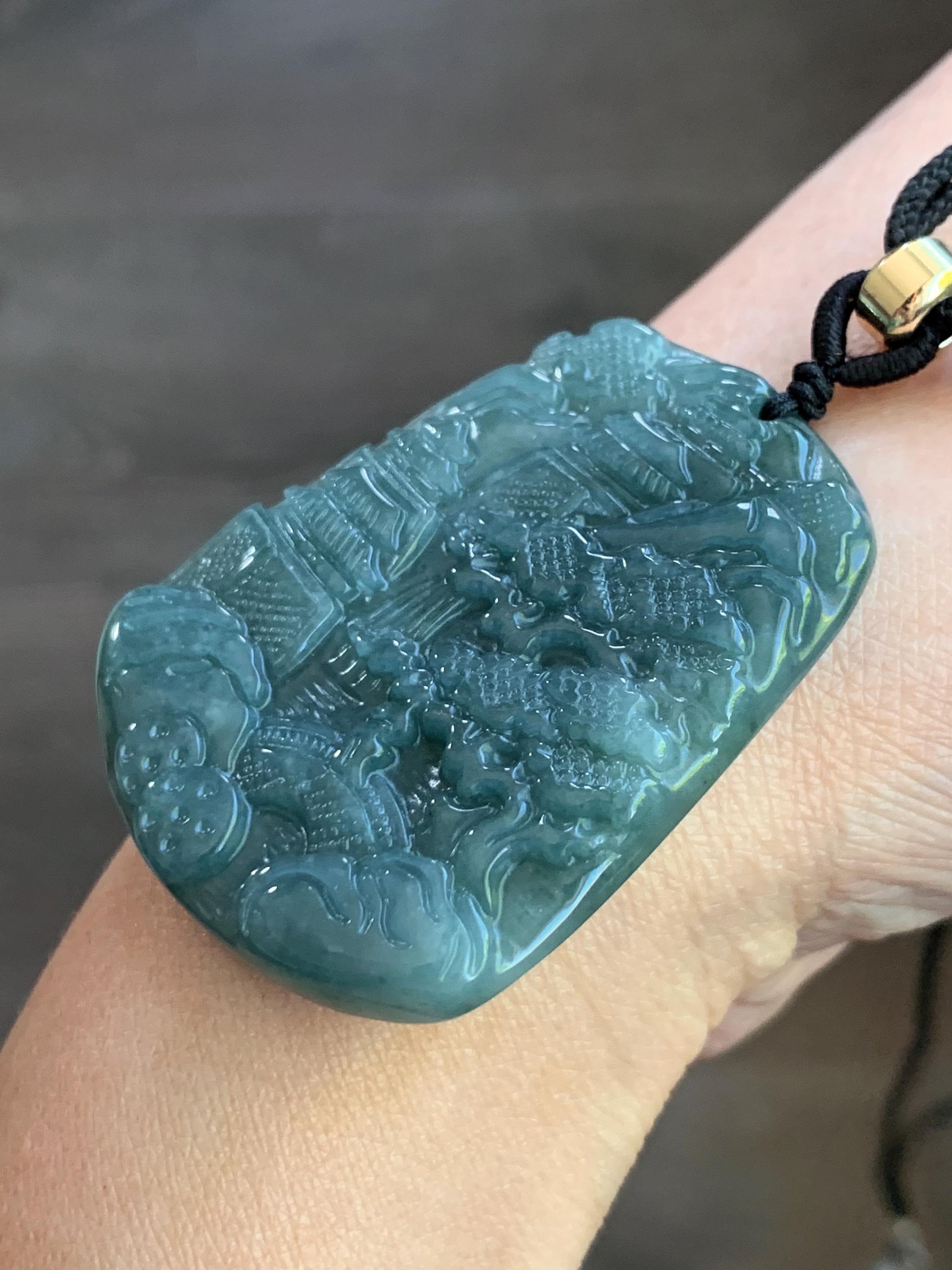 Natural Guatemalan Dark Dusty Teal Blue Jadeite Carved Shan Shui Pai Landscape Tag Pendant Rope Necklace 25” 23g 天然冰危暗蓝绿翡翠山水牌吊坠 SHS522B