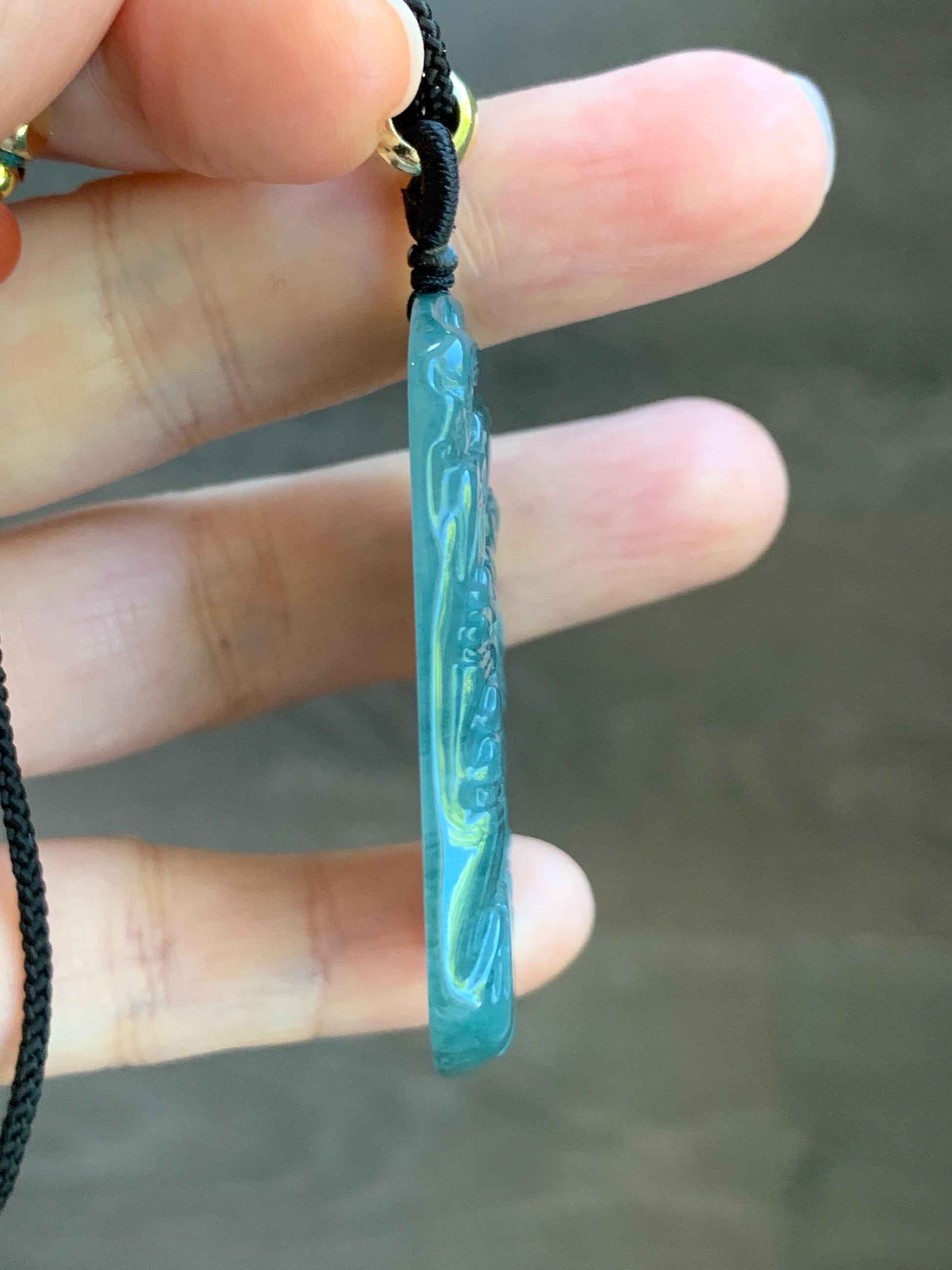 Natural Guatemalan Dark Dusty Teal Blue Jadeite Carved Shan Shui Pai Landscape Tag Pendant Rope Necklace 25” 23g 天然冰危暗蓝绿翡翠山水牌吊坠 SHS522B