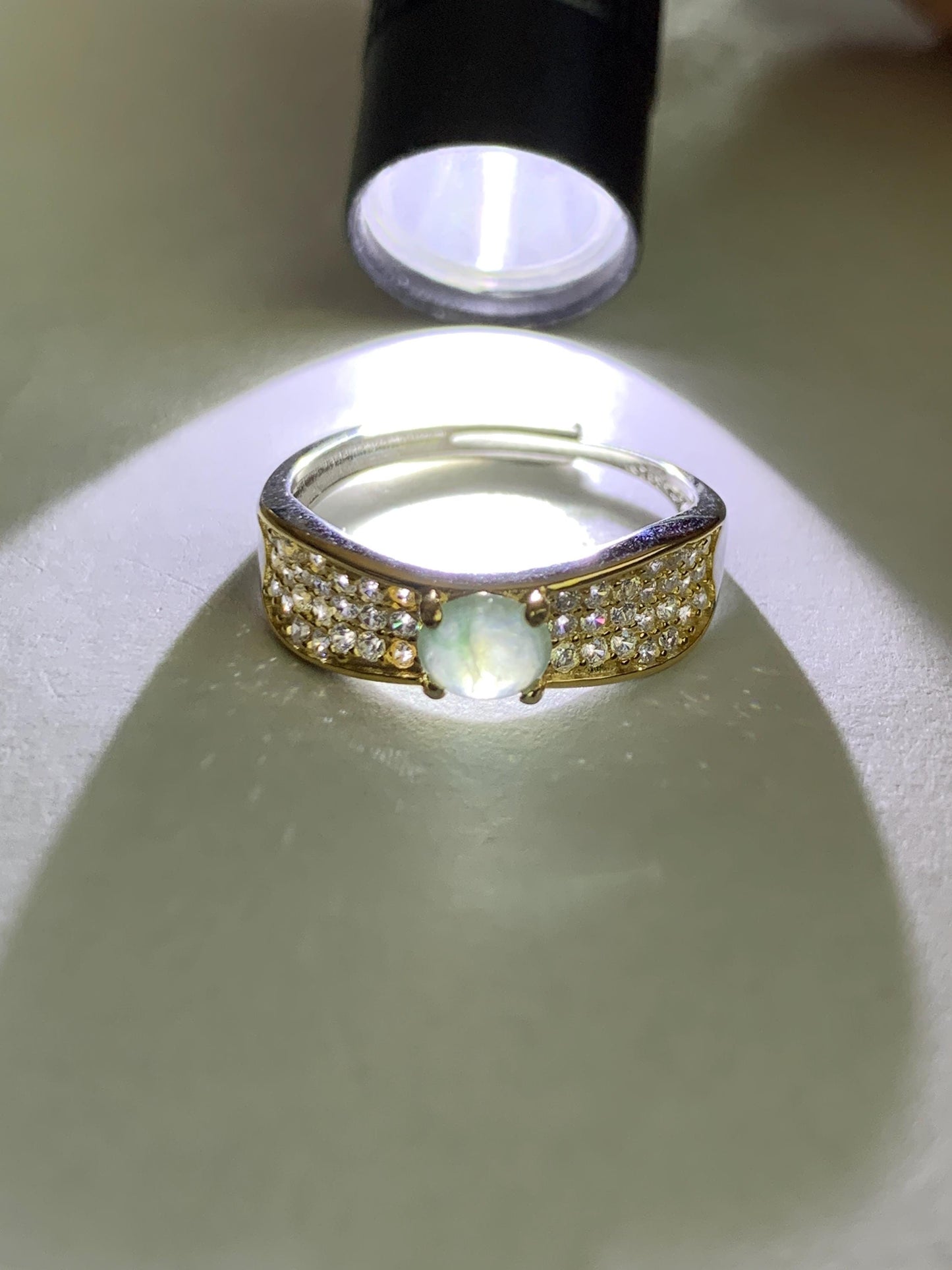Natural Burmese Icy Highly Translucent Light Green Marbled Jadeite Ring 925 Sterling Silver 4.7x5.1mm Size Adjustable 天然缅甸起光冰晴底翡翠银镶戒指 MXG66B