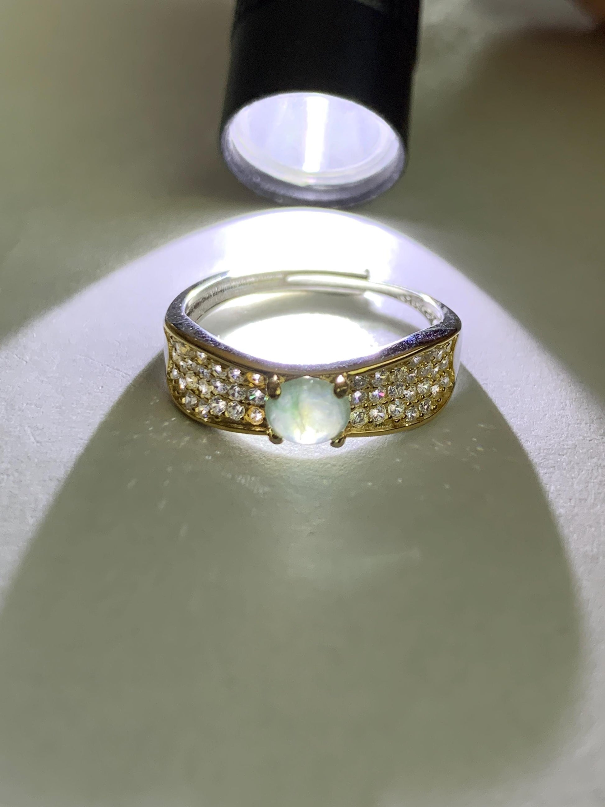 Natural Burmese Icy Highly Translucent Light Green Marbled Jadeite Ring 925 Sterling Silver 4.7x5.1mm Size Adjustable 天然缅甸起光冰晴底翡翠银镶戒指 MXG66B
