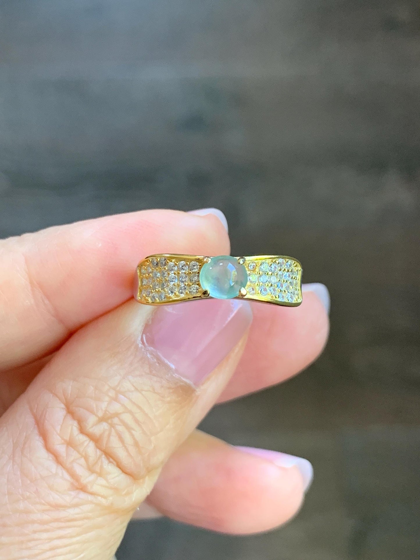 Natural Burmese Icy Highly Translucent Light Green Marbled Jadeite Ring 925 Sterling Silver 4.7x5.1mm Size Adjustable 天然缅甸起光冰晴底翡翠银镶戒指 MXG66B