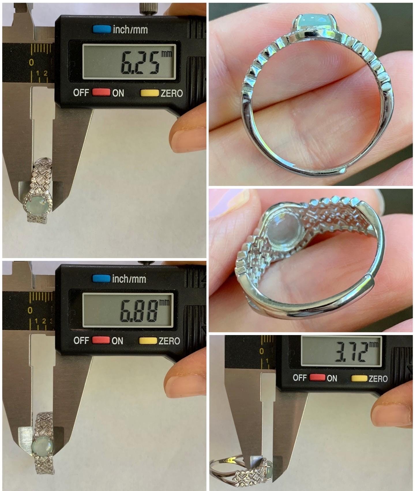 Natural Burmese Icy Highly Translucent Light Bluish Green Jadeite Ring 925 Sterling Silver 6.4x6.5mm Size Adjustable 天然缅甸起光冰晴蓝底翡翠银镶戒指 MXG66C