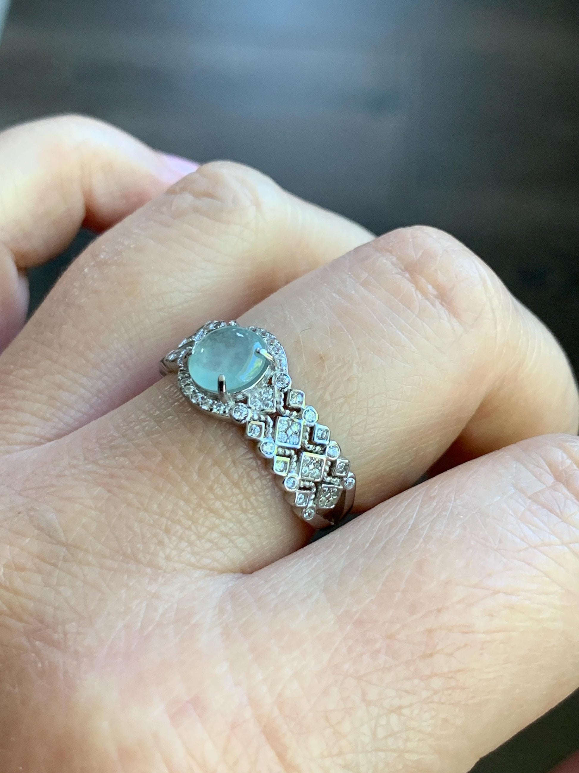 Natural Burmese Icy Highly Translucent Light Bluish Green Jadeite Ring 925 Sterling Silver 6.4x6.5mm Size Adjustable 天然缅甸起光冰晴蓝底翡翠银镶戒指 MXG66C