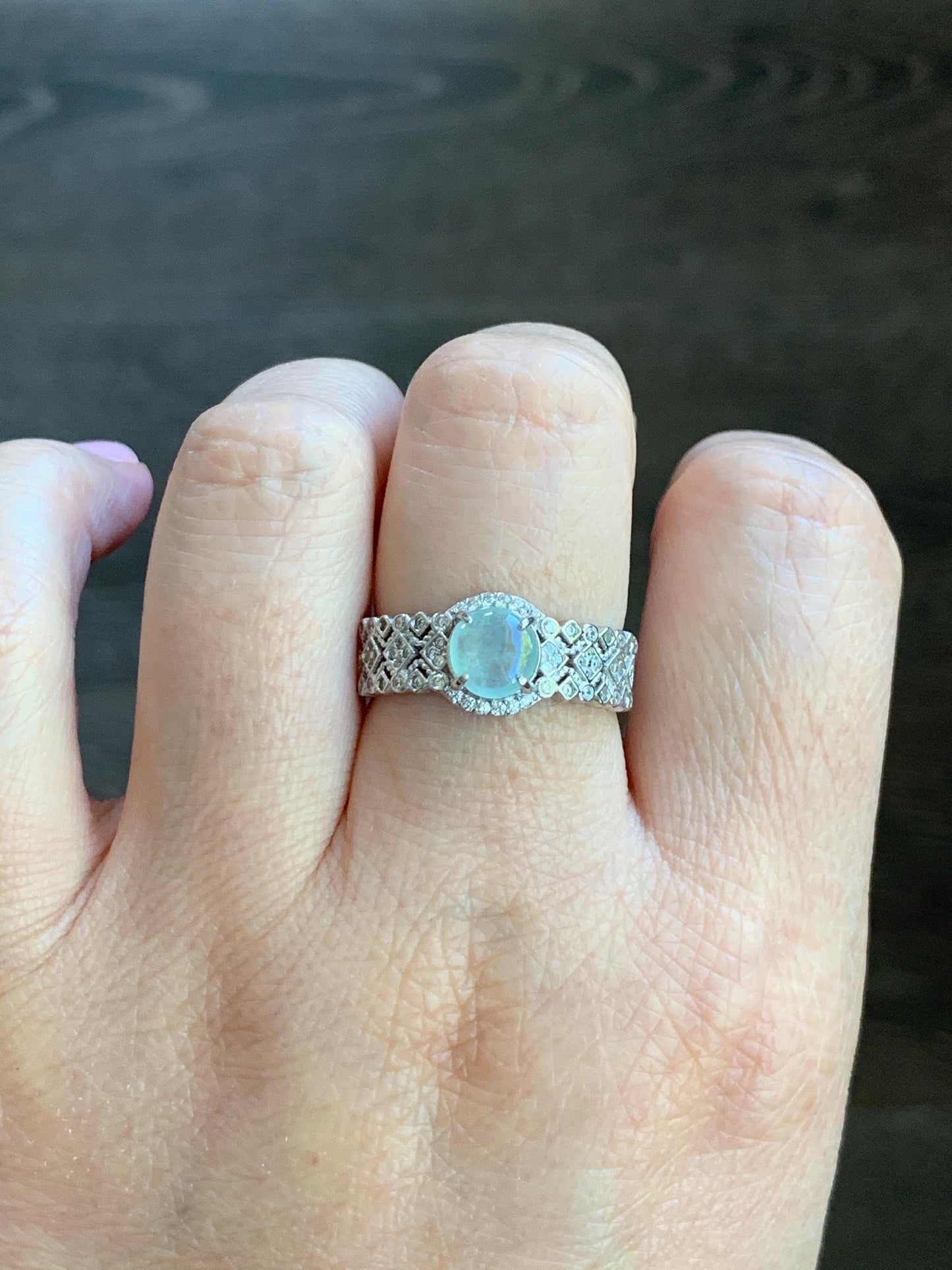 Natural Burmese Icy Highly Translucent Light Bluish Green Jadeite Ring 925 Sterling Silver 6.4x6.5mm Size Adjustable 天然缅甸起光冰晴蓝底翡翠银镶戒指 MXG66C